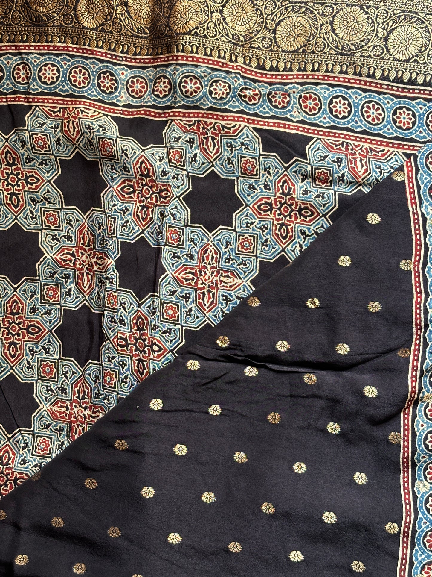 Bhul Bhulaiya - Black Natural Dyed Traditional Ajrakh Jaal Dola Silk Saree