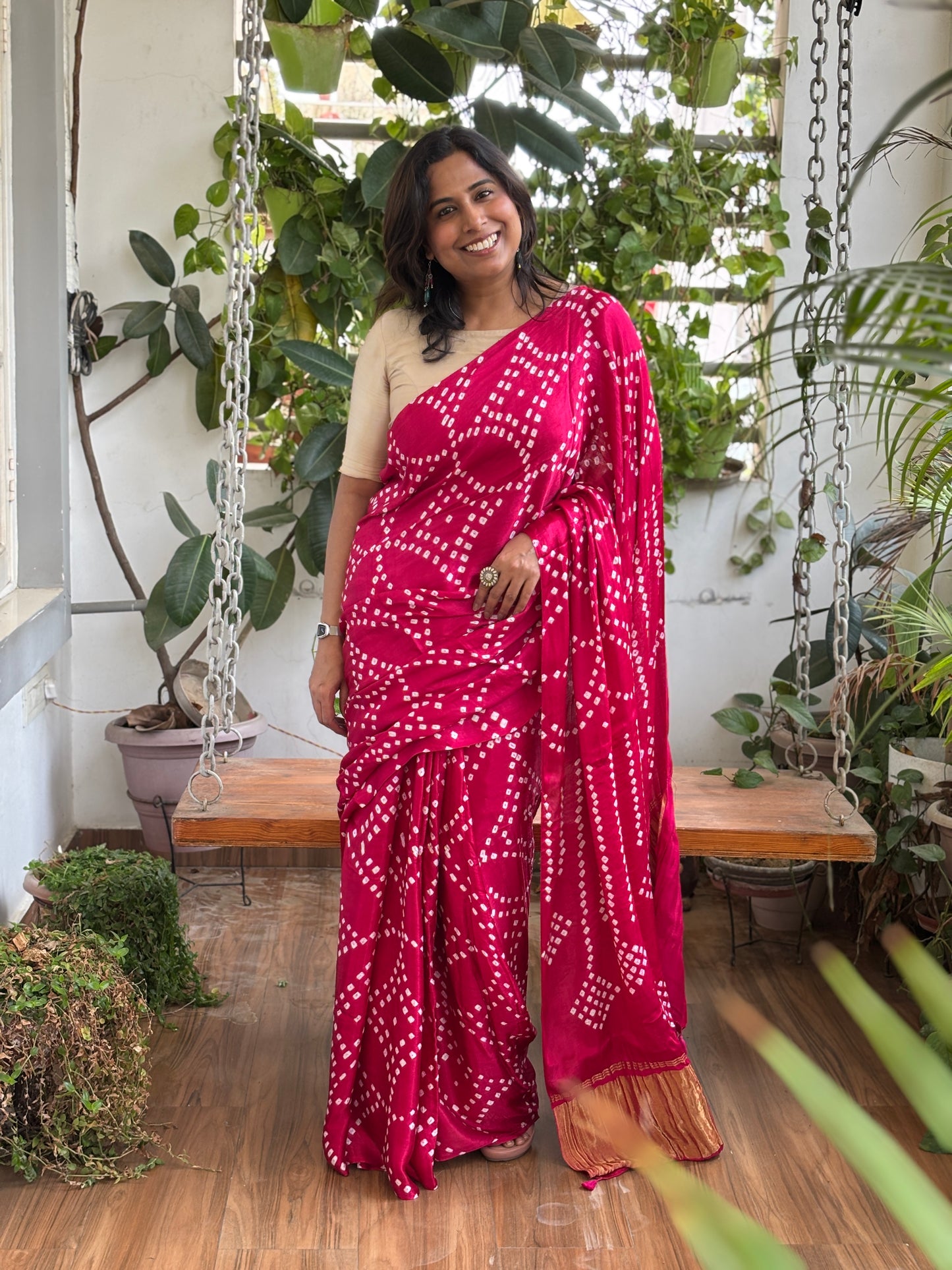 Solid Colour Semi Modal Saree with Bandhej and Tissue Palla