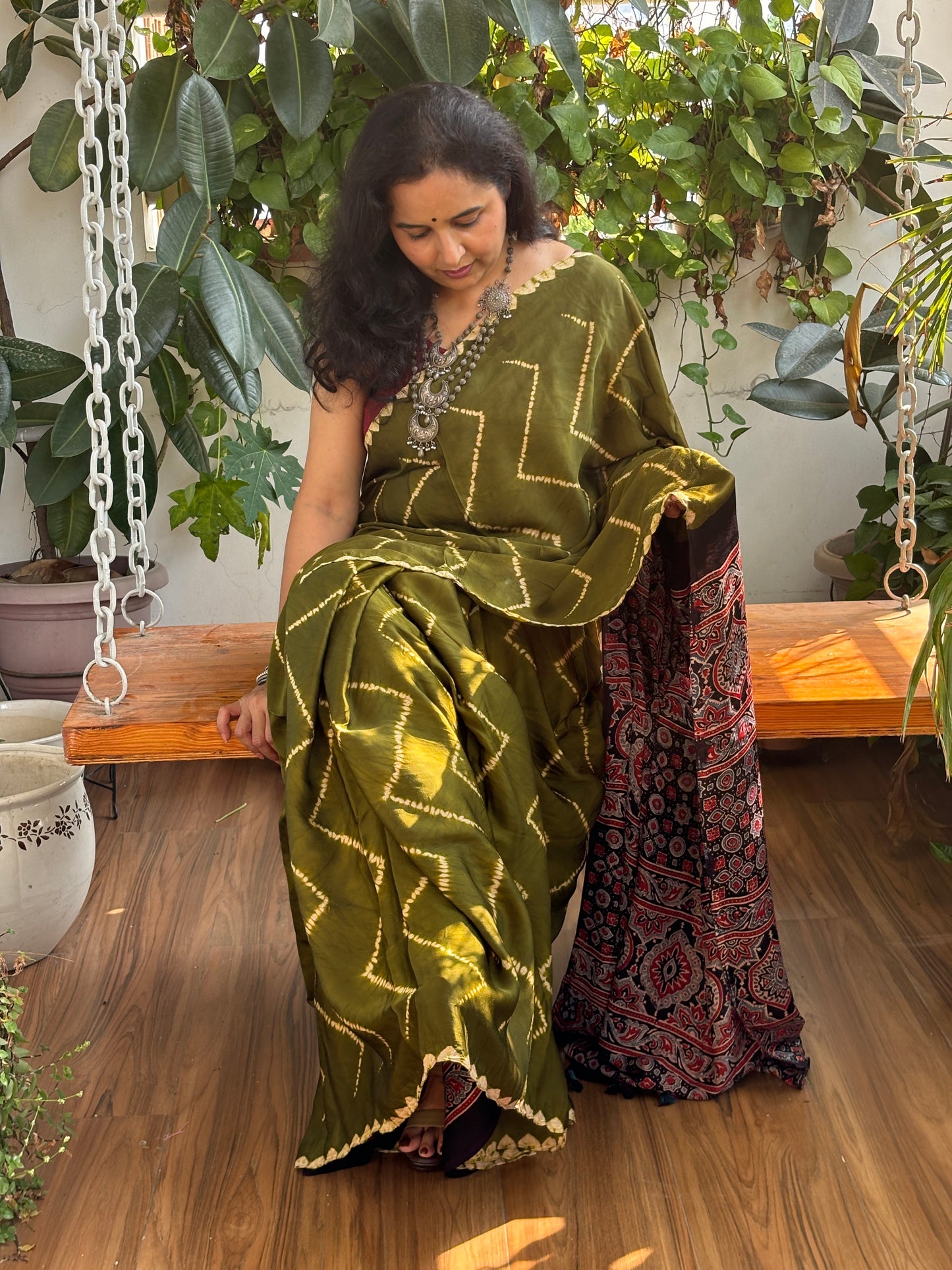 Mehndi Ki Raat - Needle Shibori Tie and Dye Pure Modal Saree With Ajrakh Hand Block Anchal and Blouse
