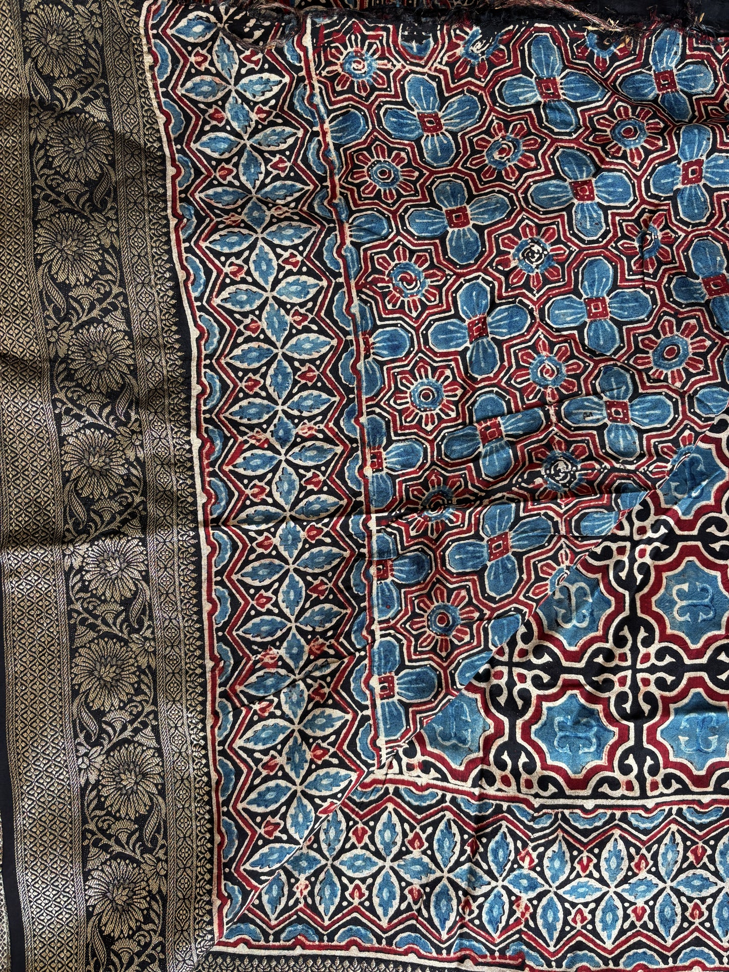 Black and Indigo Colour Ajrakh Saree In Dola Silk