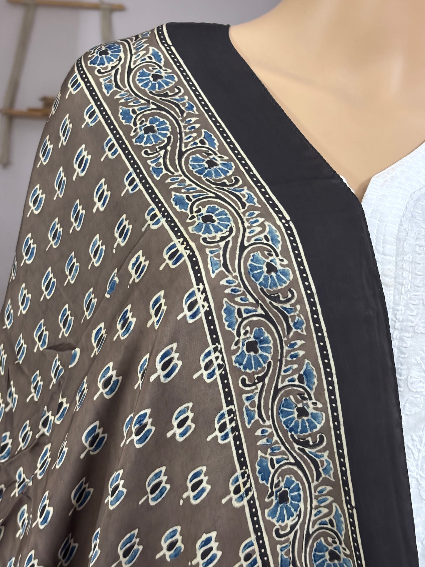Earthen Brown Natural Dyed Ajrakh Lotus Motif Modal Stole