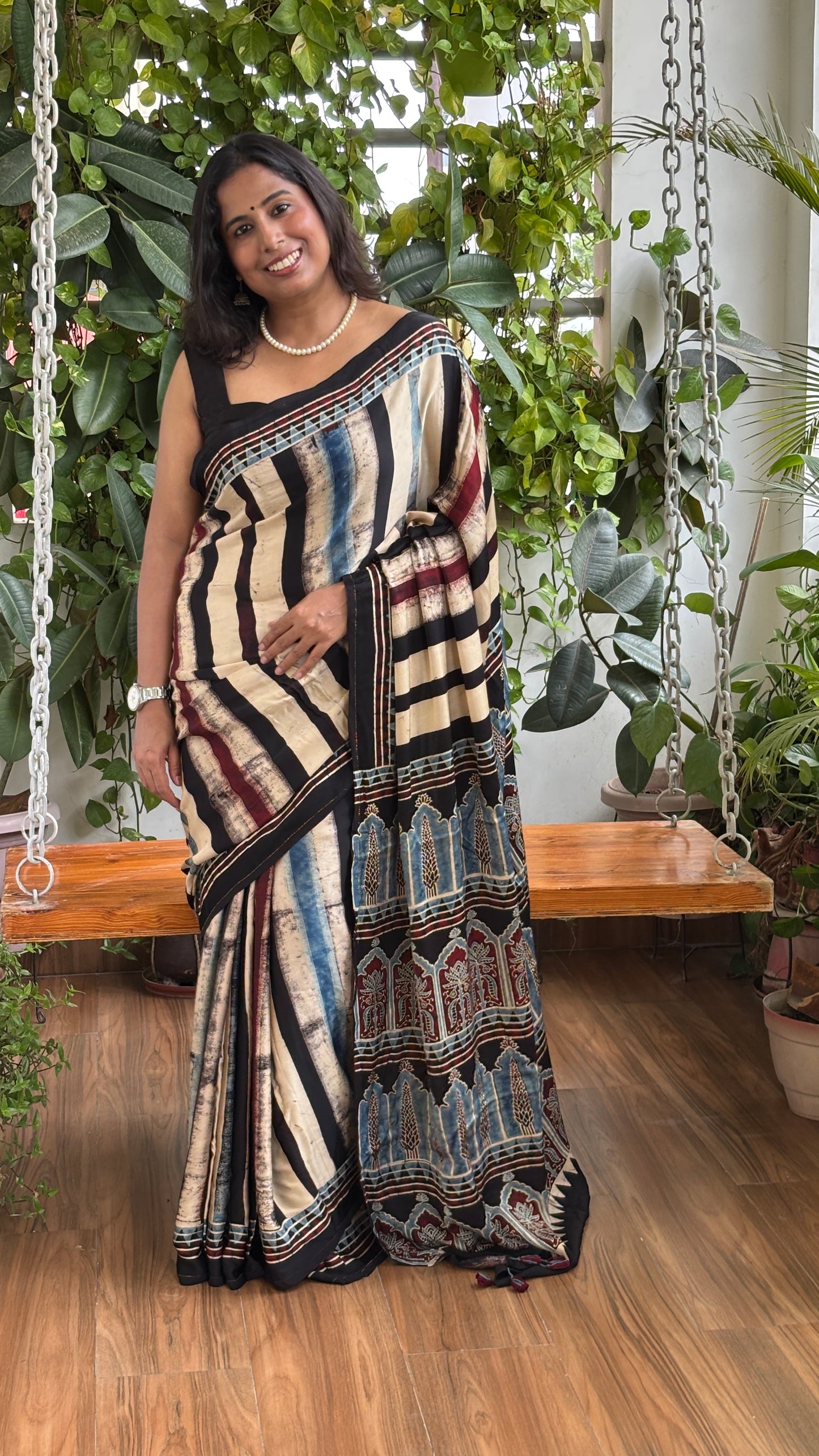 Bijaya- Natural Dyed Black Indigo and Madder Colour Contemporary Ajrakh Modal Saree