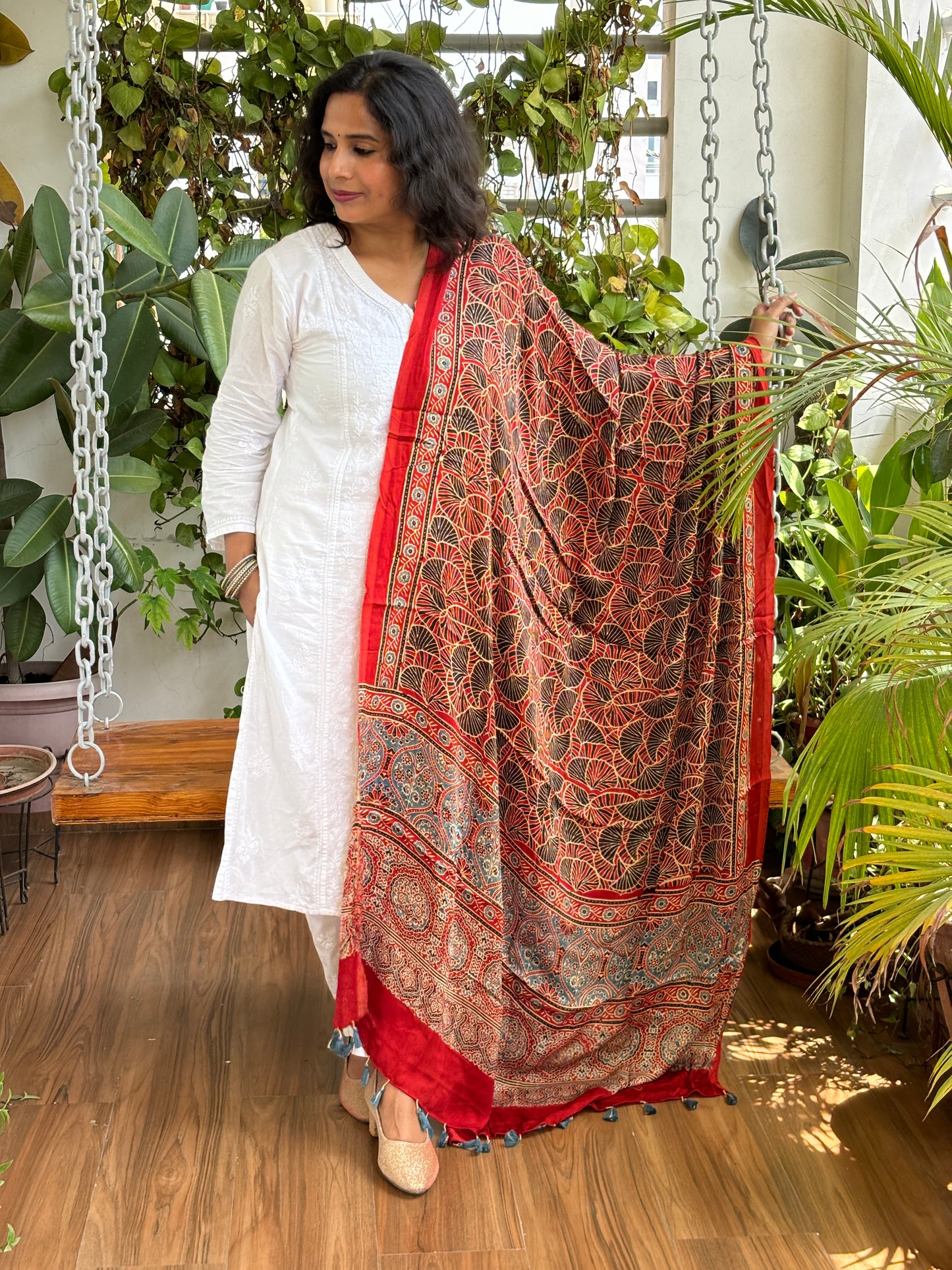 Ajrakh Modal Natural Dyed Madder Colour Contemporary Fan Motif Dupatta