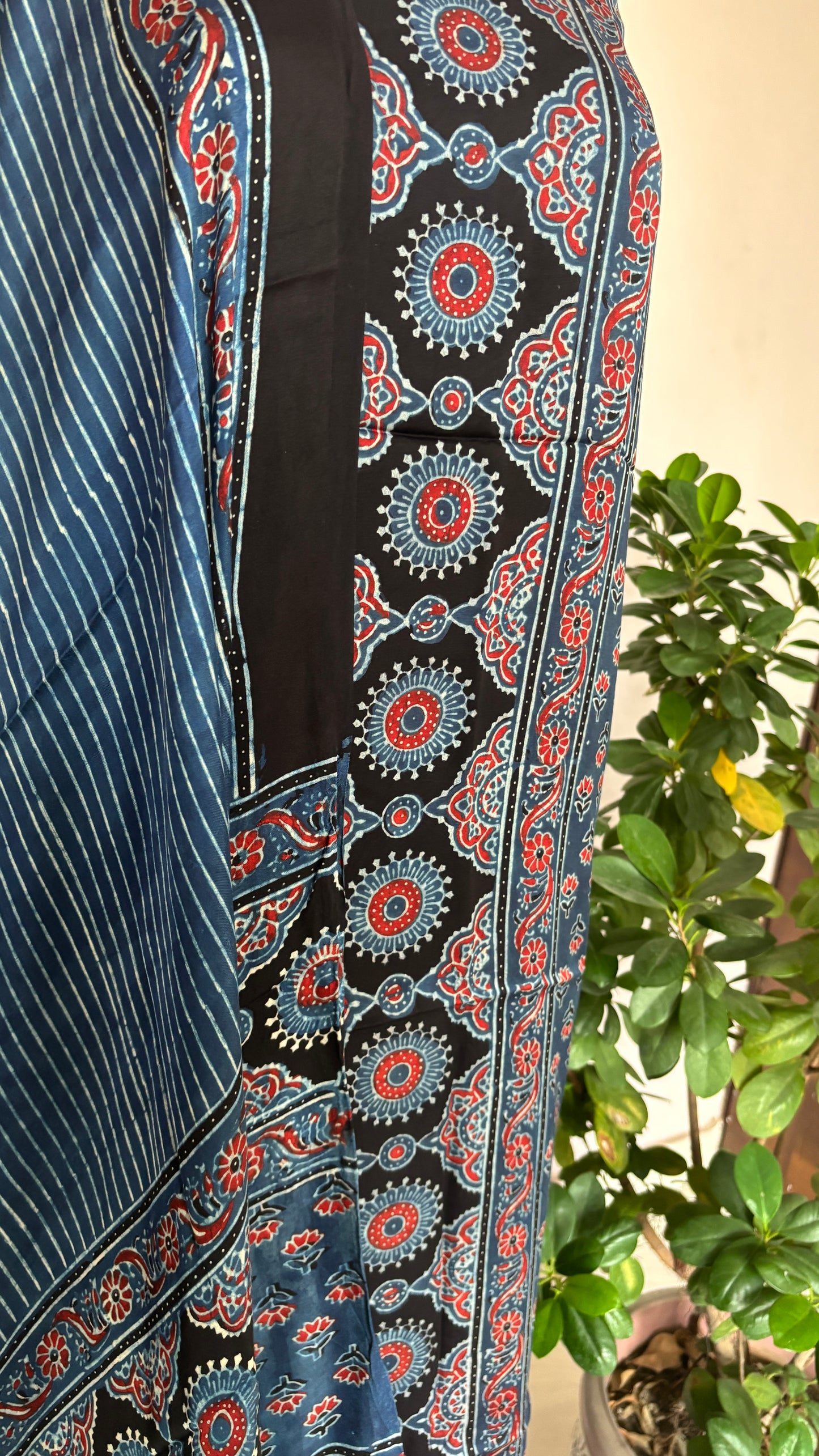 Natural Dyed Ajrakh modal 3 piece suit fabric closer view