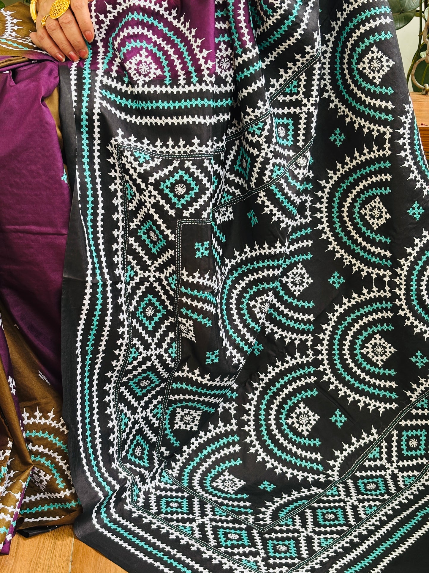 Gujarati Hand Embroidered Pure Bangalore Silk Saree in Multi Colour Tie and Dyed Body and Black Palla