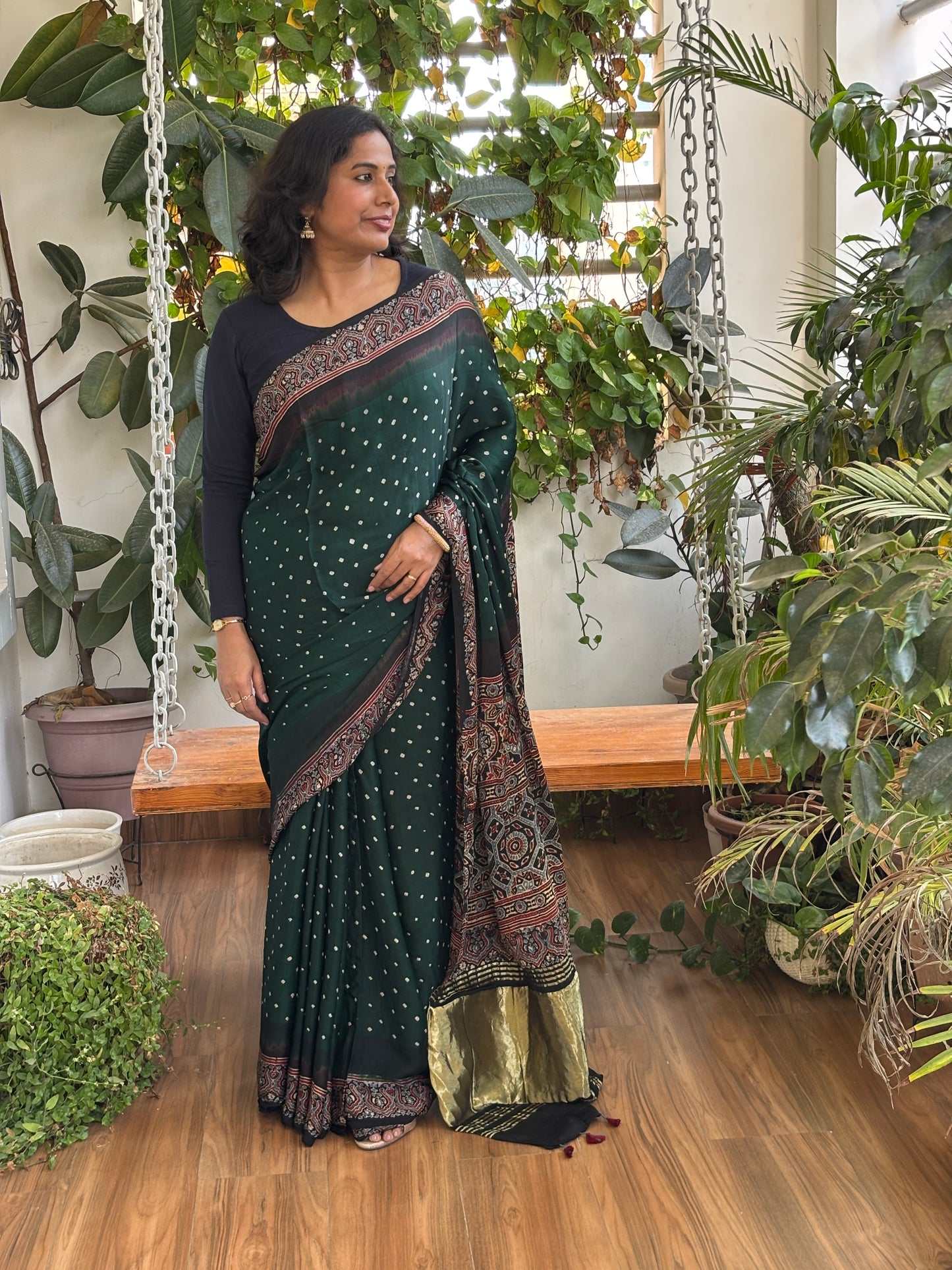 Hara Bhara - Hand Bandhej Body and Ajrakh Hand Block Anchal and Border Modal Gaji Silk Saree