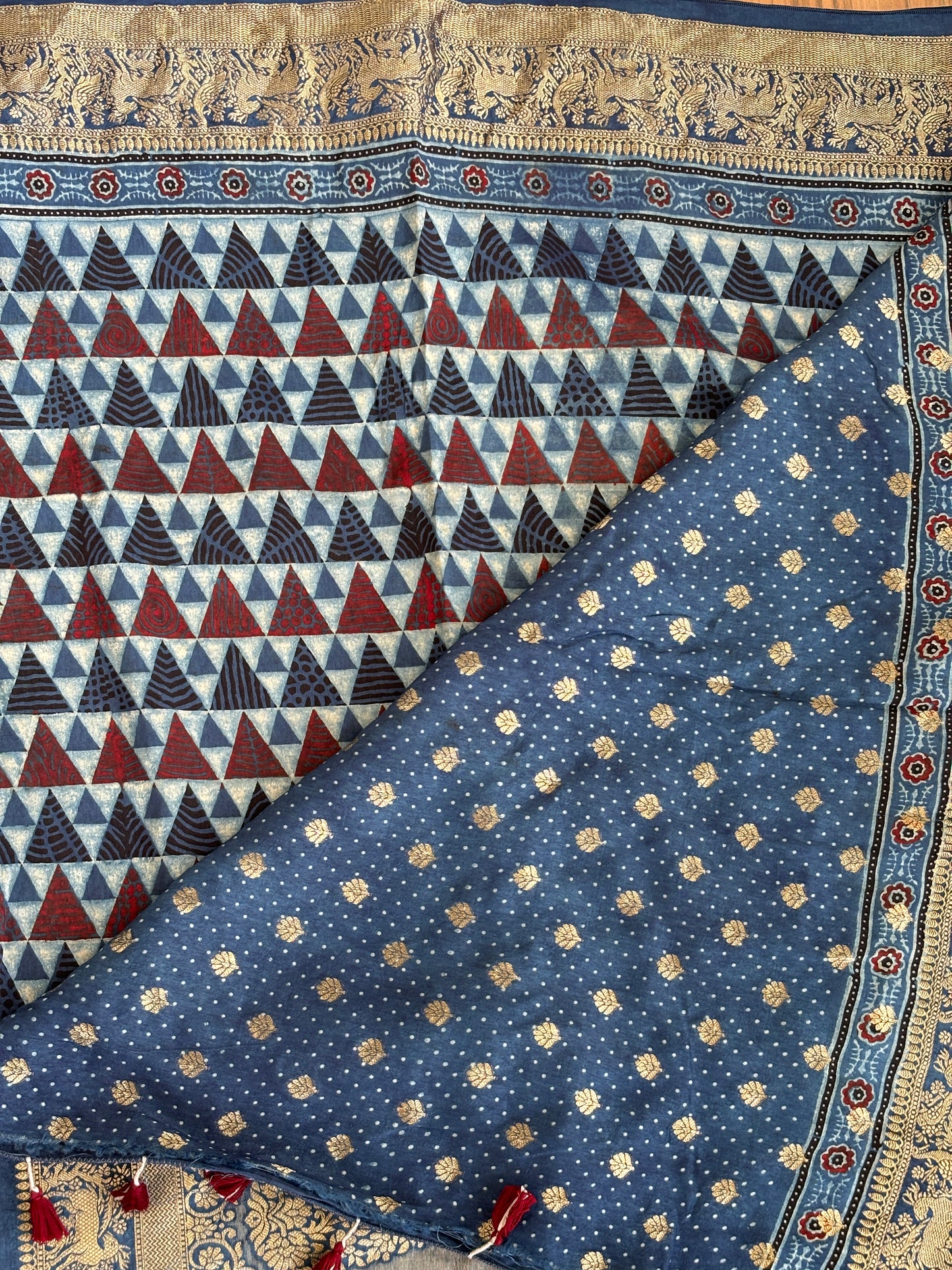 Aakash- Natural Dyed Indigo Contemporary Trangle Motif Doal Silk Saree