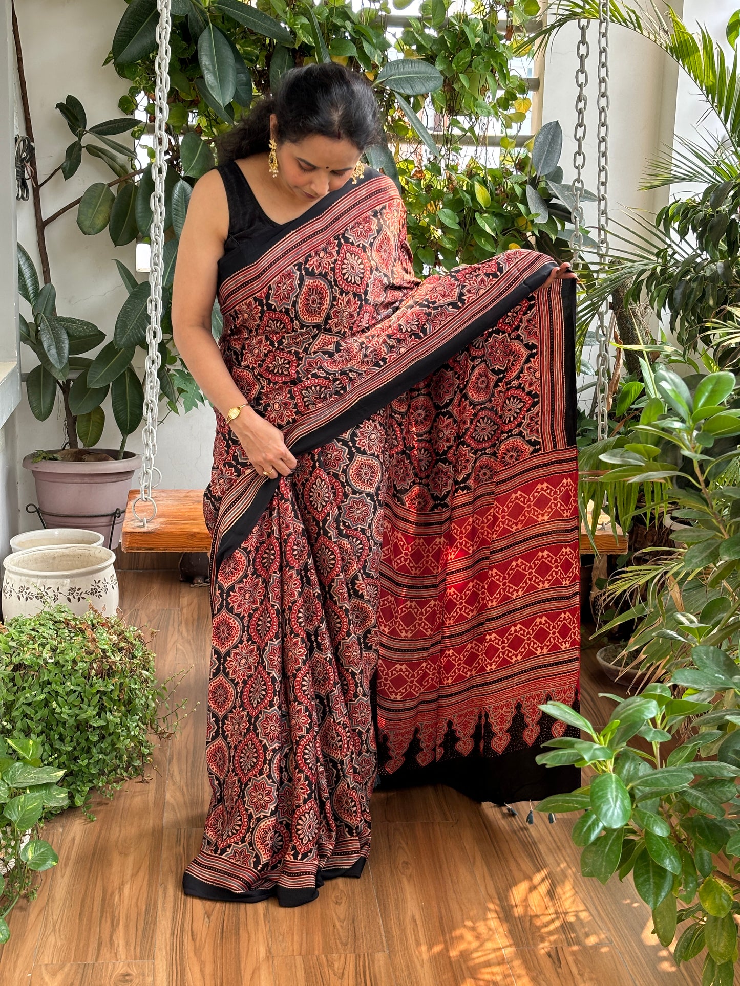 Black Coffee - Natural Dyed Ajrakh Balck and Madder Colour Badambuta Motif Modal Saree