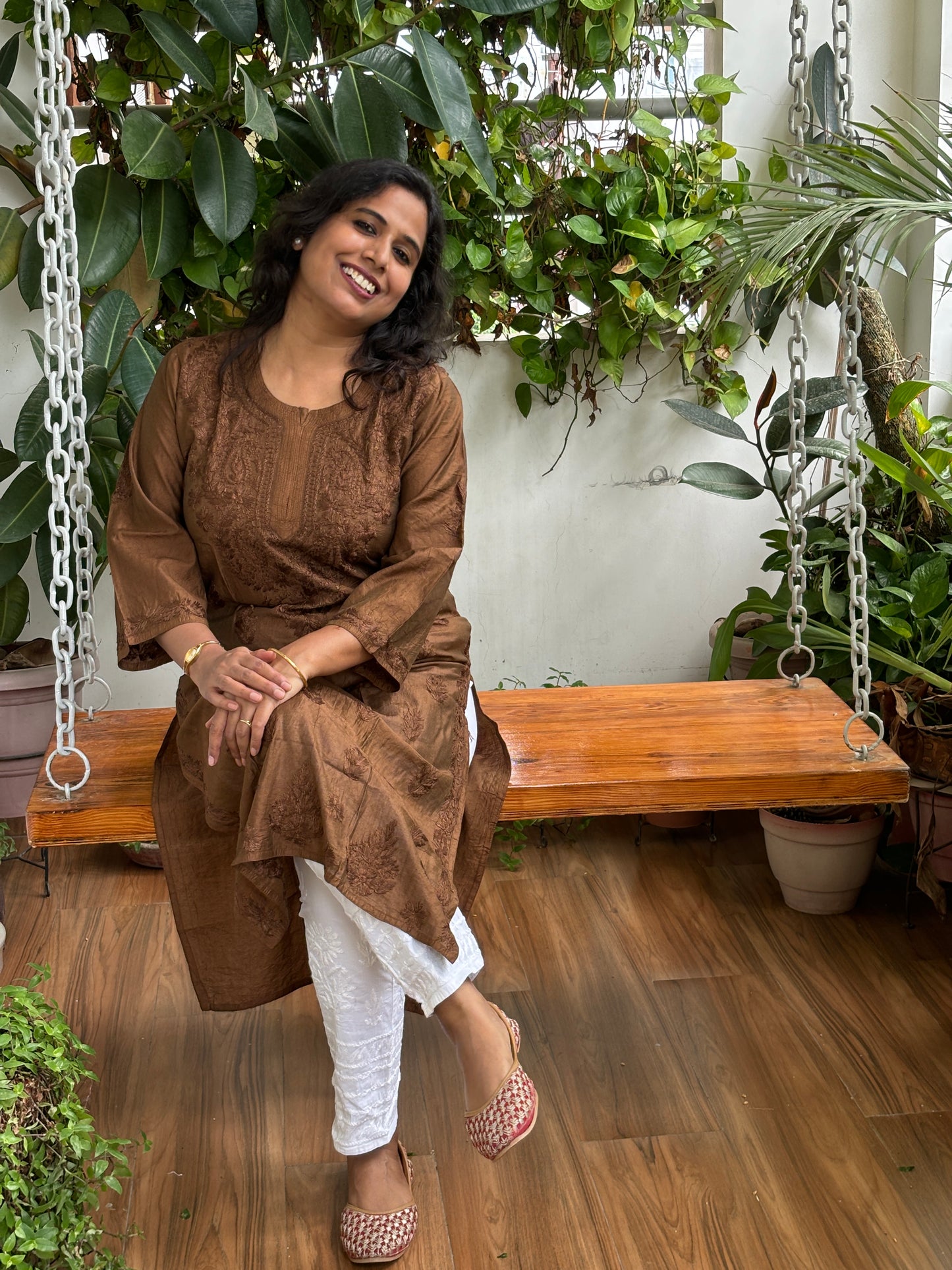 Coke Colour Chanderi Chikan Hand Embroidered Kurti