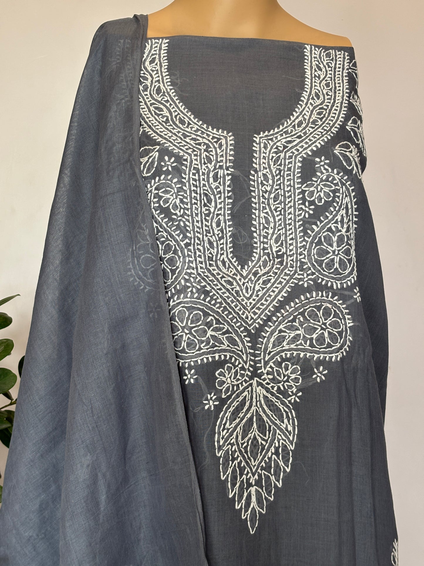 Dark Grey Pink Chikankari Hand Embroidered Shirt, Bottom and Dupatta Fabric in Cotton