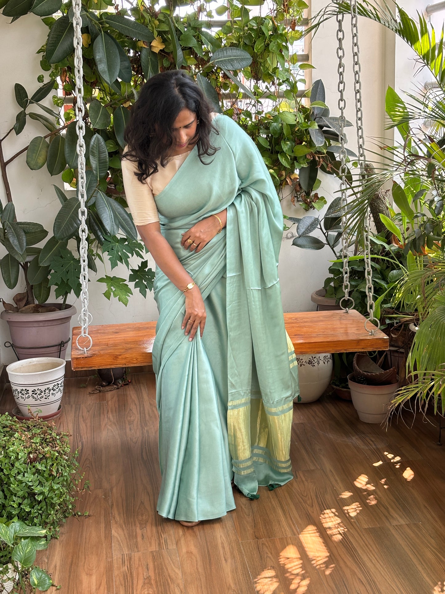 Sea Green Colour Modal Plain Saree With Lagdi Palla