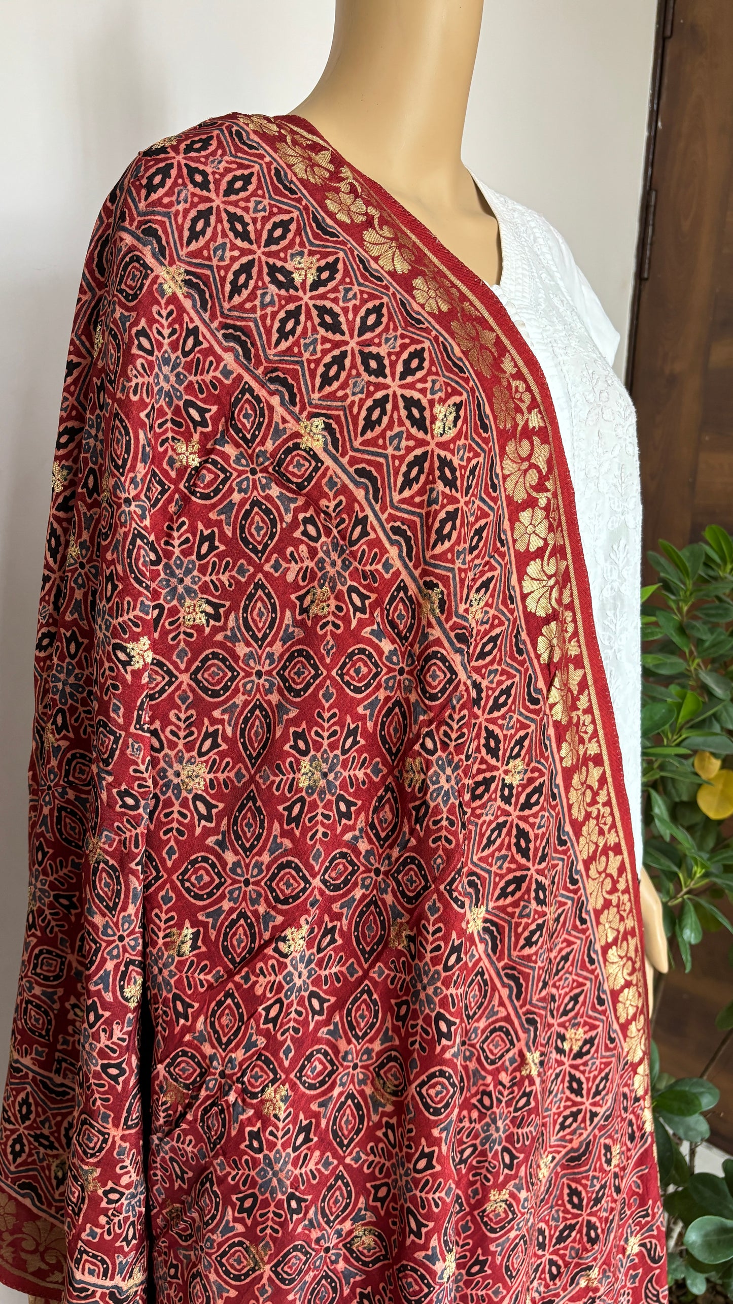 Natural Dyed Madder Colour - Hand Block Ajrakh Dola Silk Dupatta With Zari Weaved Border-3