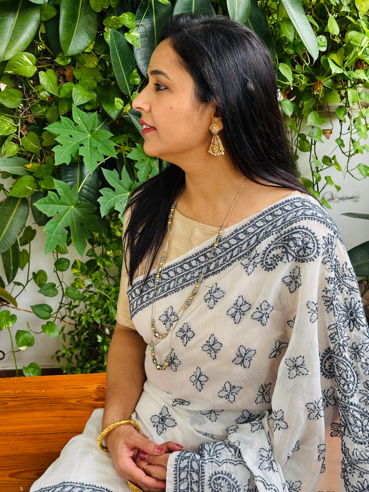 White Colour Chrushed Candri Cotton Chikankari Hand Embroidered Saree