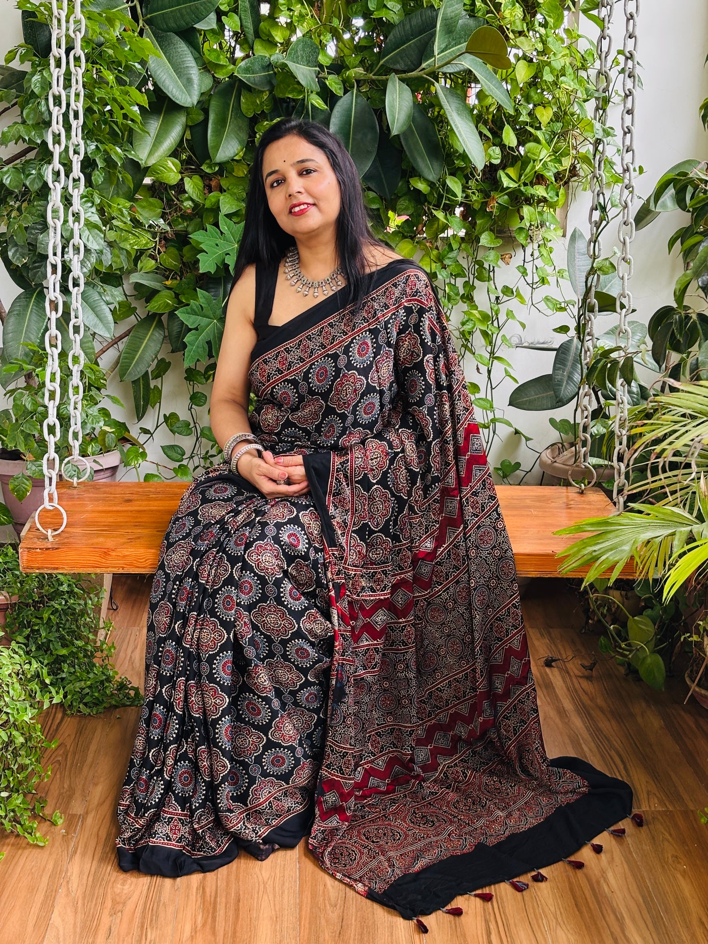 Bahar - Natural Dyed Black Colour Ajrakh Pure Modal Traditional Motif Saree