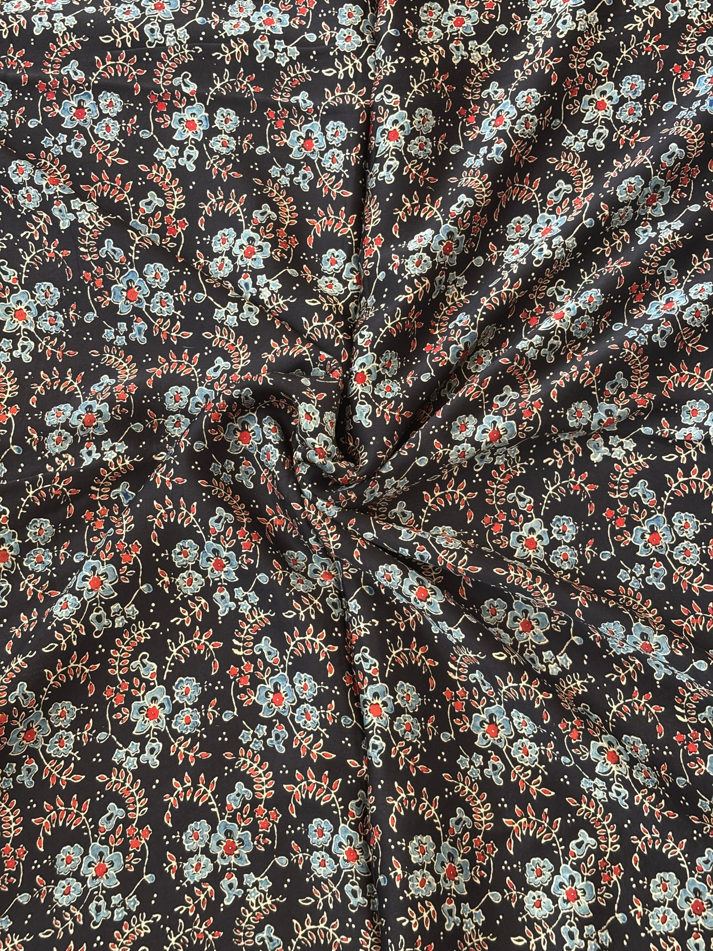 black Floral Jaal Motif Fabric,ajrakh modal fabric,closer view.