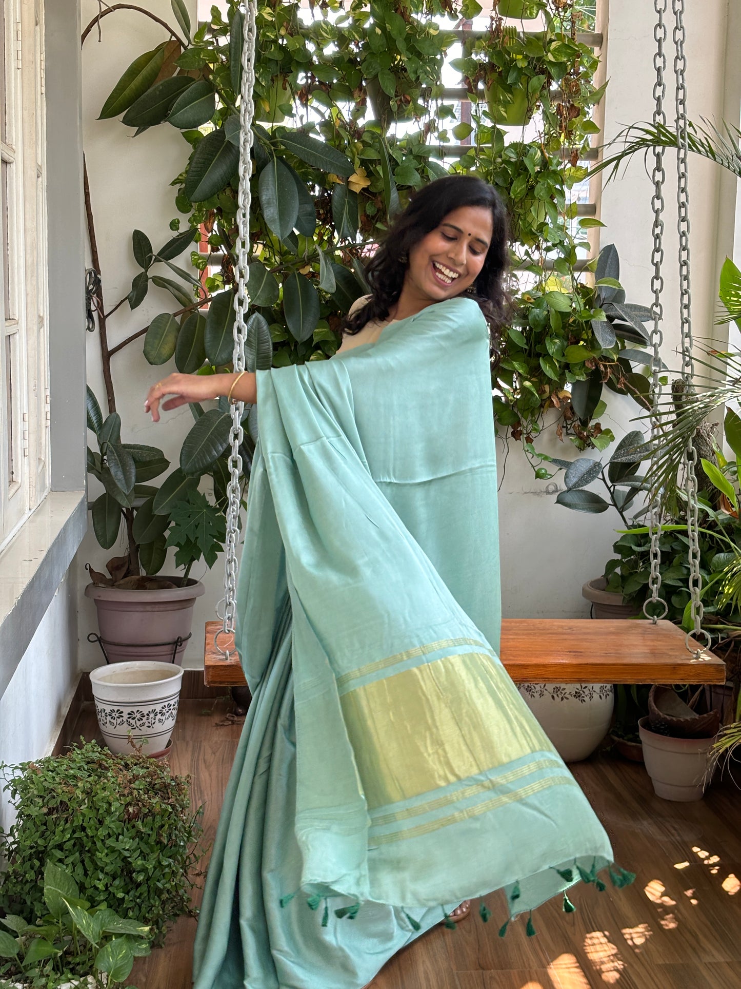 Sea Green Colour Modal Plain Saree With Lagdi Palla