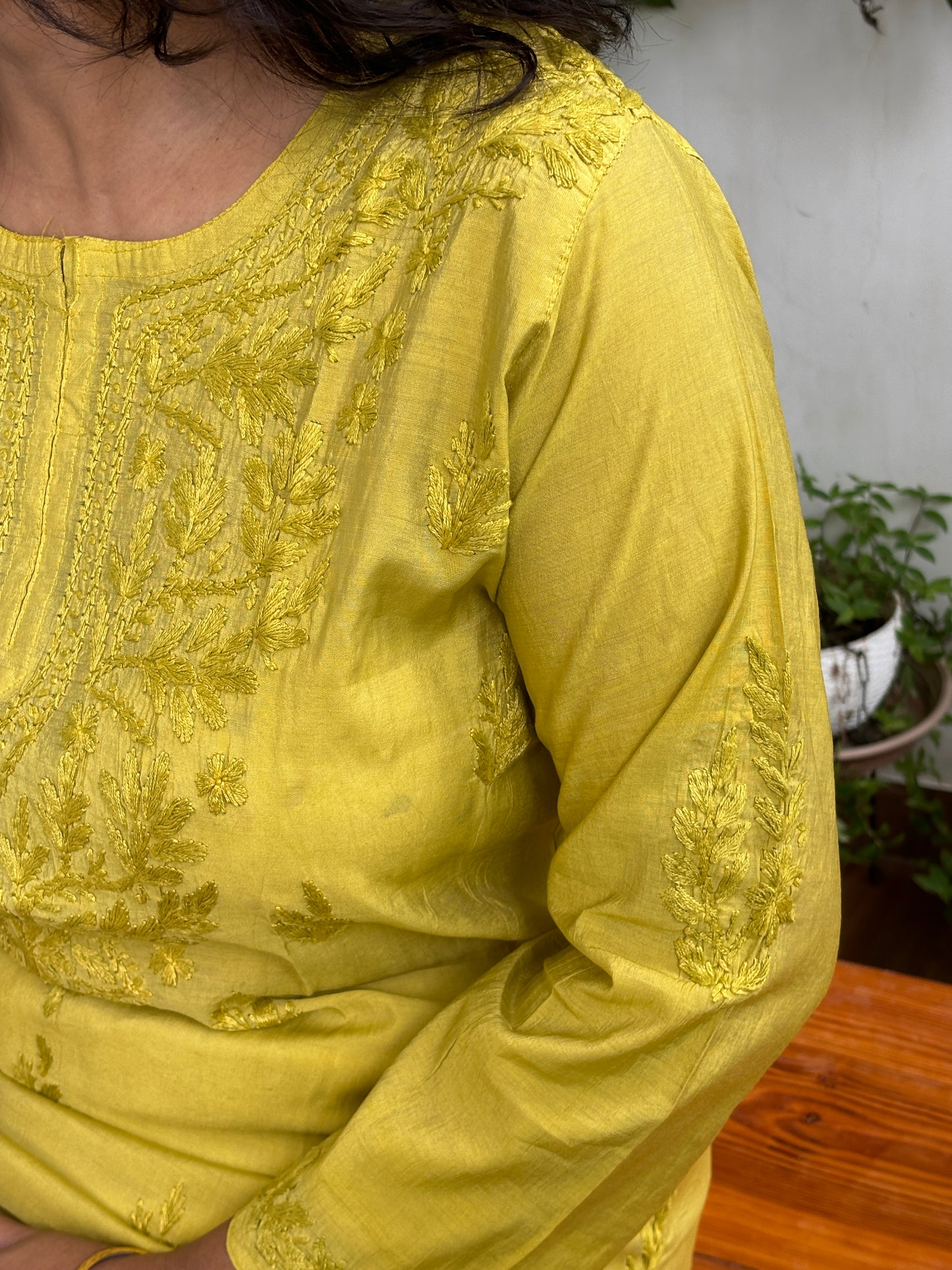 Greenish Yellow Chanderi Chikan Hand Embroidered Kurti