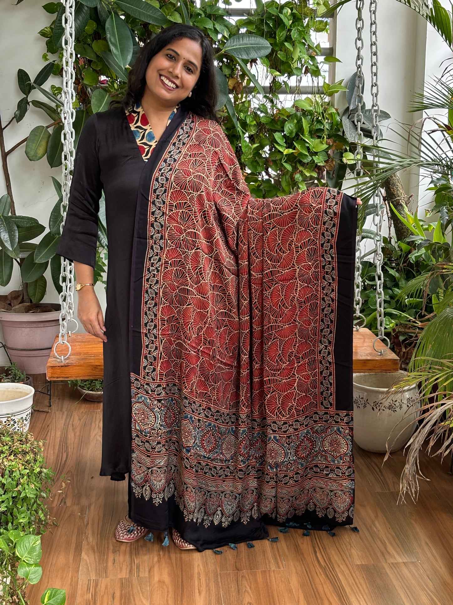 Ajrakh Modal Madder and Black Contemporary Dupatta