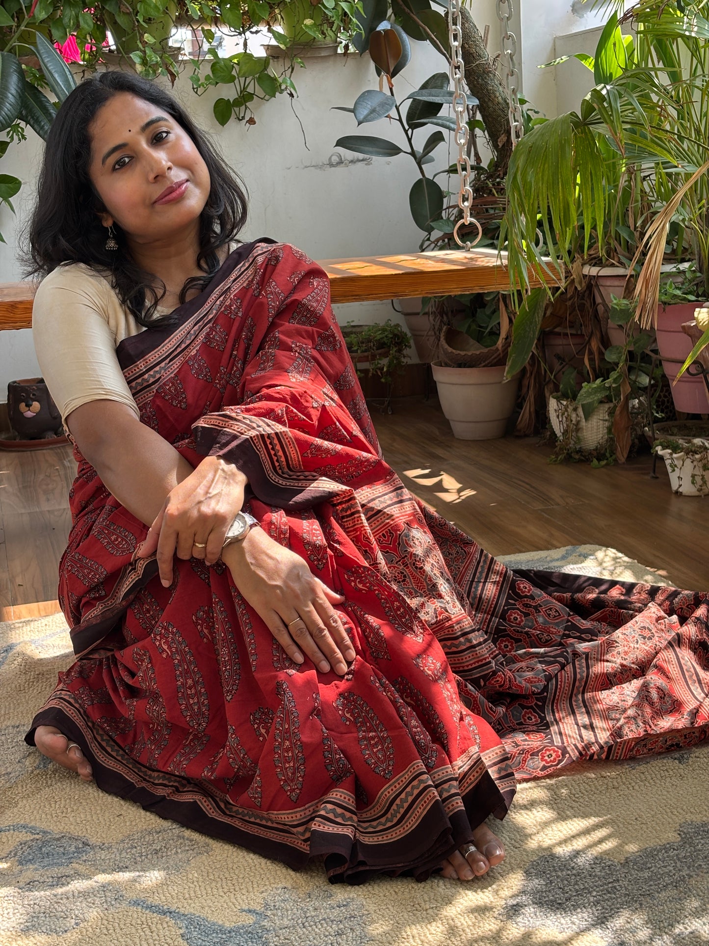 Organic Cotton Ajrakh Hand Block Printed Floral Paisaly Motif