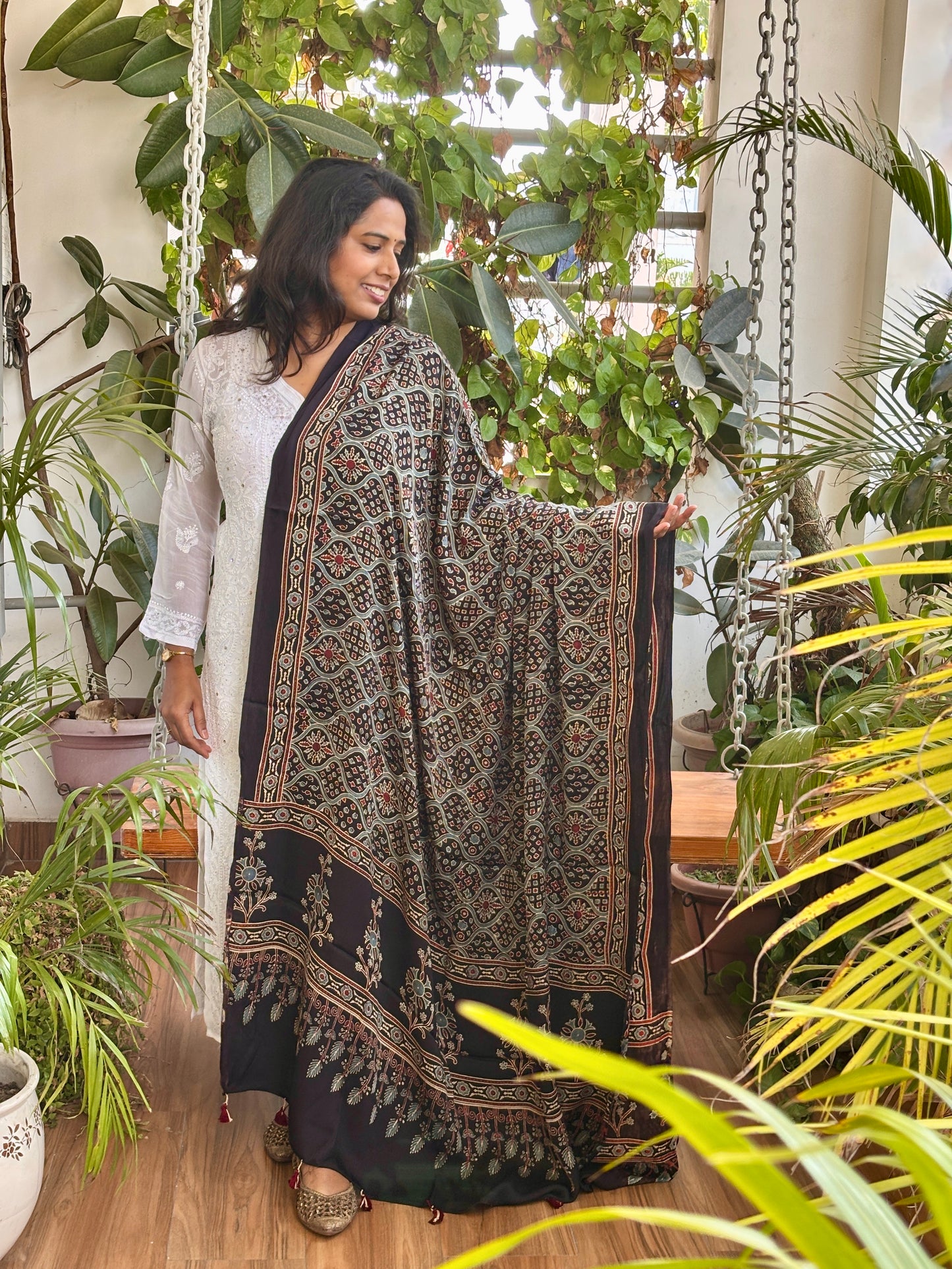 Ajrakh Hand Block Printed Black Colour Modified Badambuta Motif Dupatta