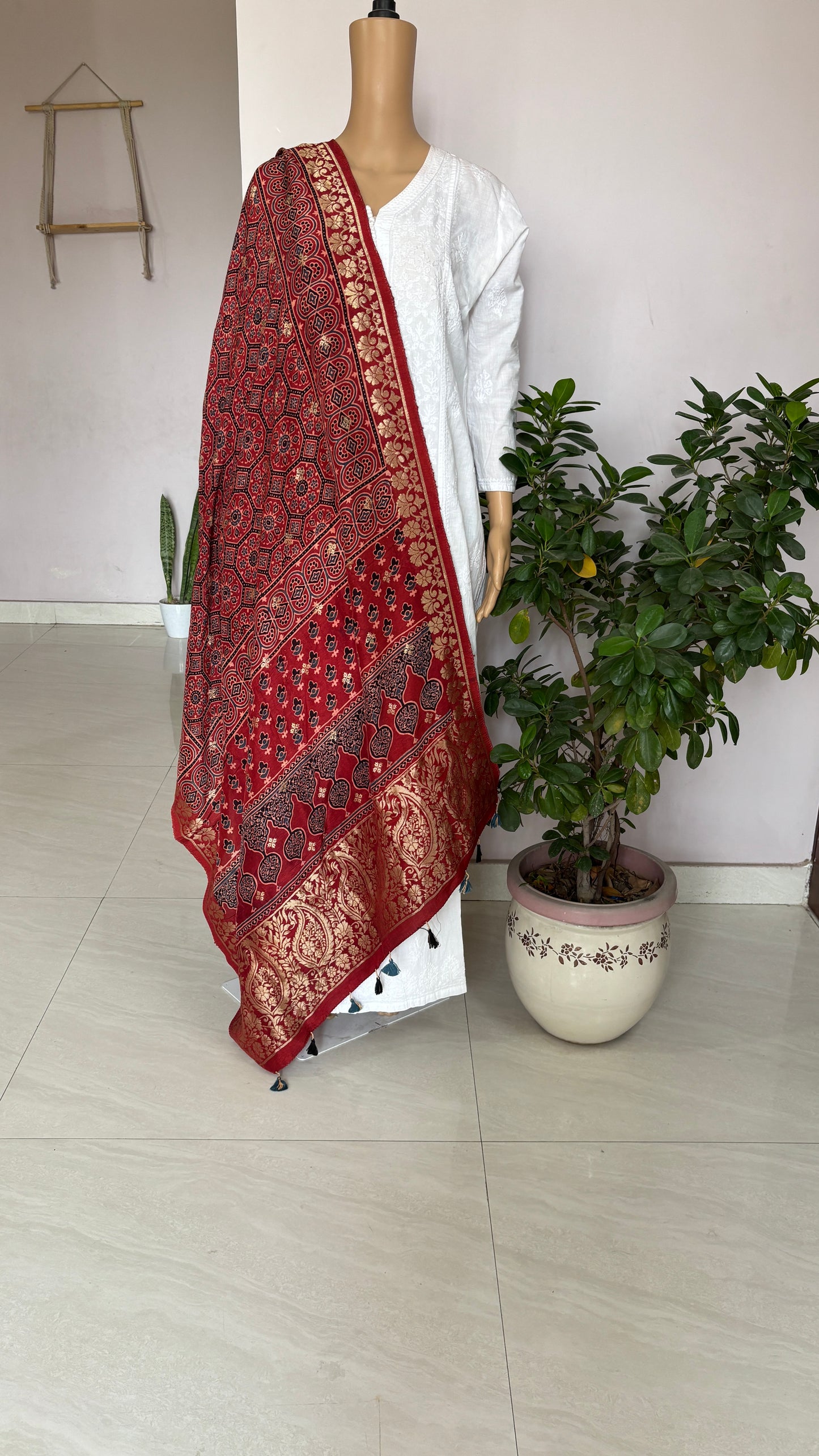 Natural Dyed Madder Colour - Hand Block Ajrakh Dola Silk Dupatta With Zari Weaved Border-1