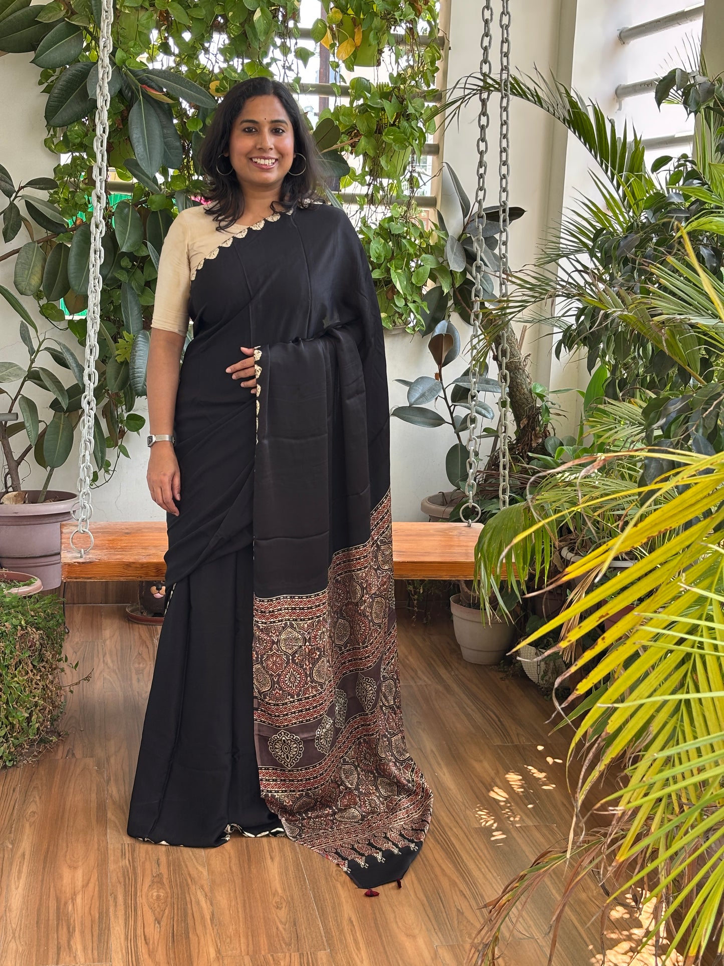 Kajal - Black Colur Body Bandhej Border and Natural Dyed Ajrakh Anchal