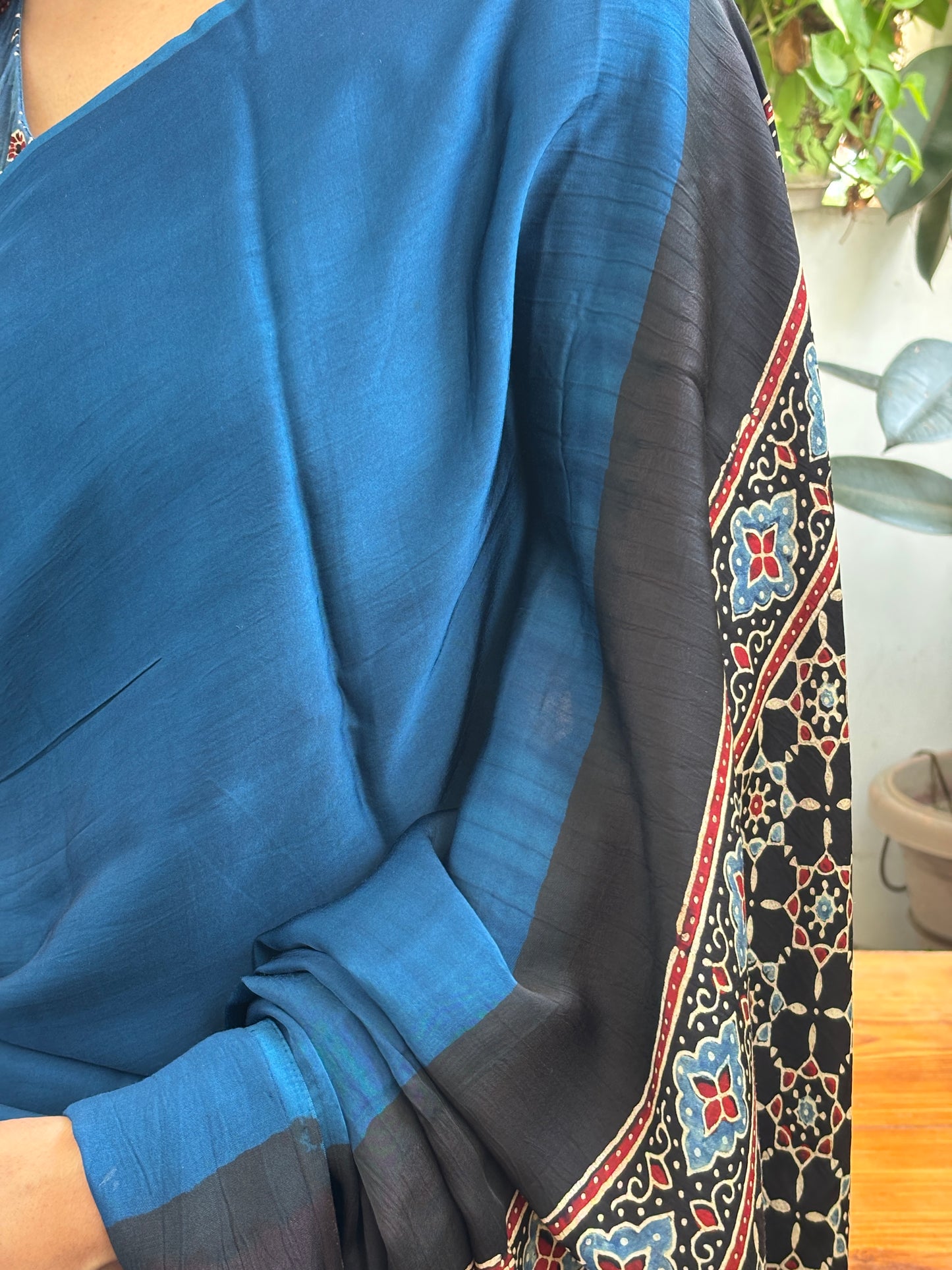 Sindhu - Blue Colur Body and Natural Dyed Ajrakh Anchal Premium Modal Saree