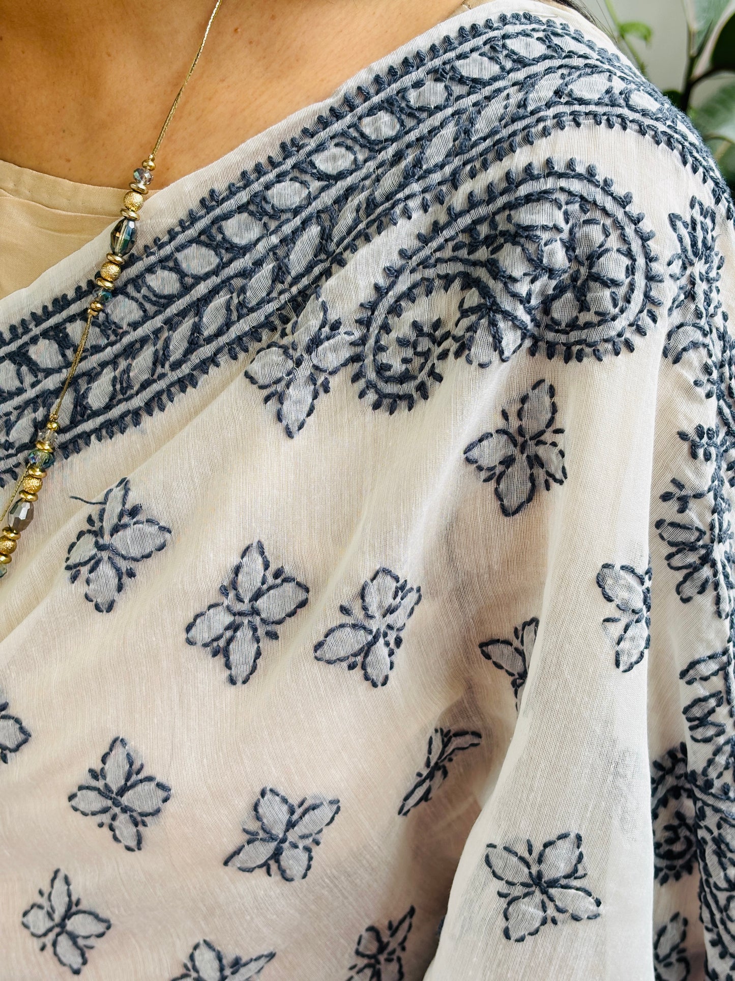 White Colour Chrushed Candri Cotton Chikankari Hand Embroidered Saree