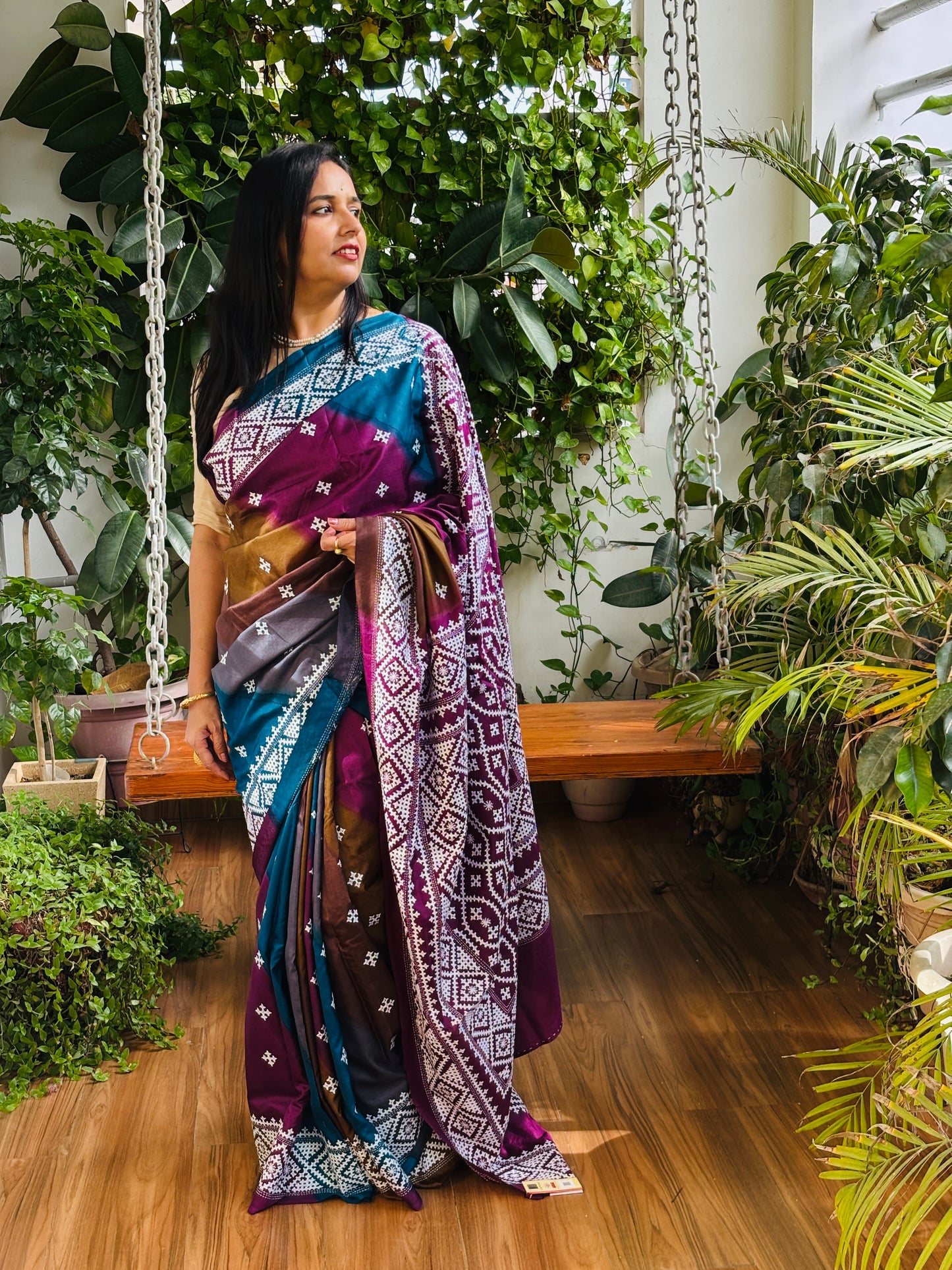 Gujarati Hand Embroidered Pure Bangalore Silk Saree in Multi Colour Tie and Dyed Body and Purple Palla