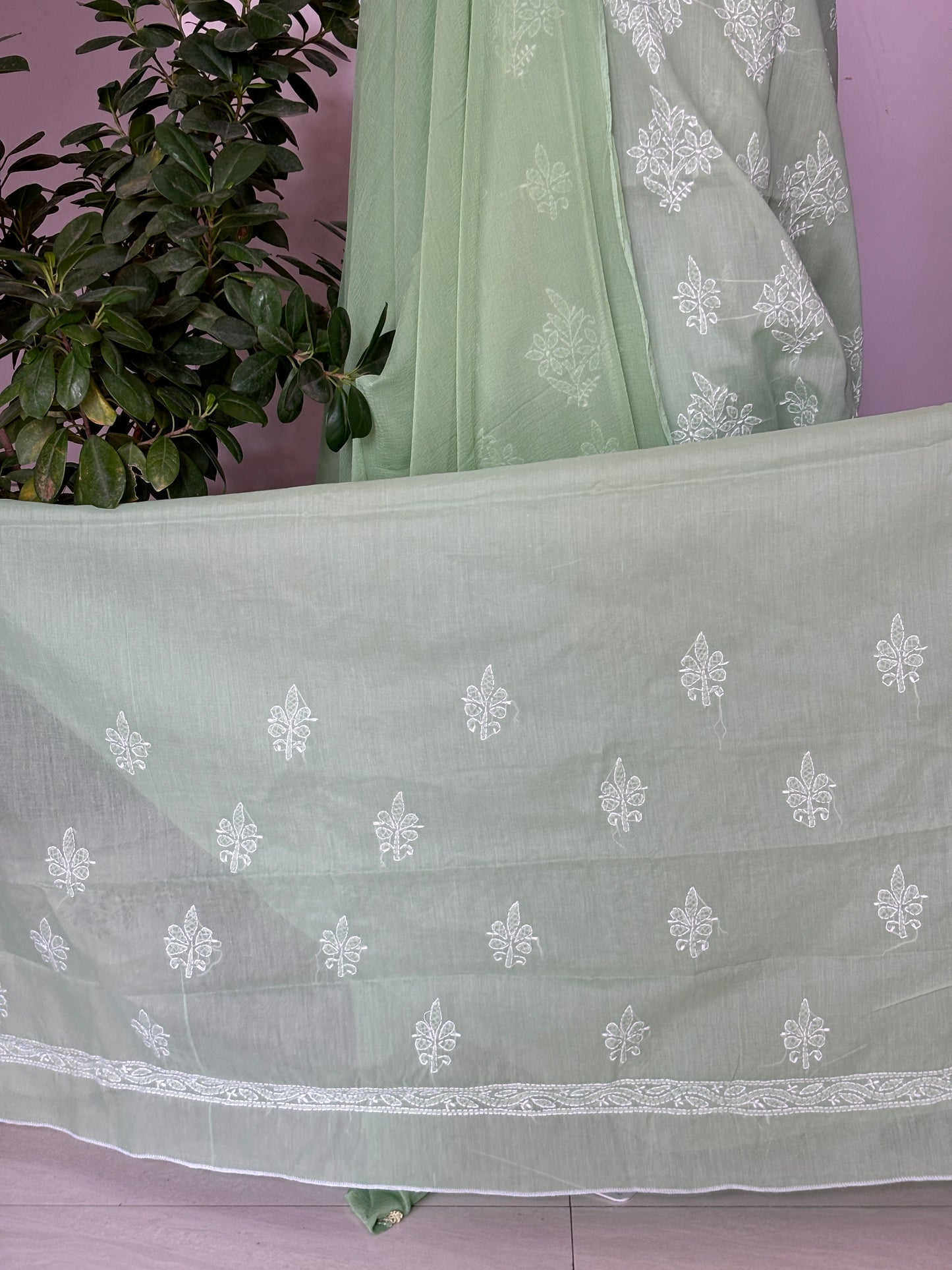 Pista Green Chikankari Hand Embroidered Shirt and Bottom with Chiffon Dupatta (2)