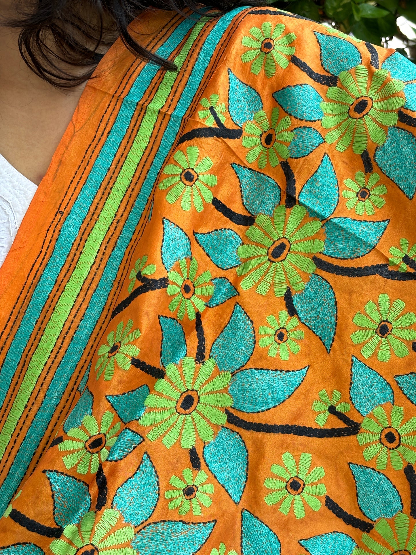 Mustard Yellow Colour Kantha Hand Embroidered Pure silk Dupatta