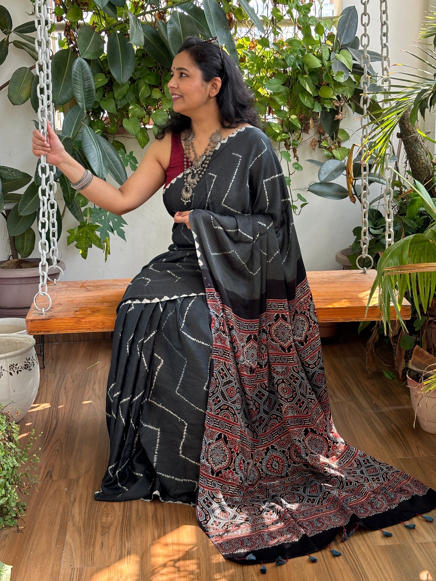 Kala Chasma Jachda - Needle Shibori Tie and Dye Pure Modal Saree With Ajrakh Hand Block Anchal and Blouse