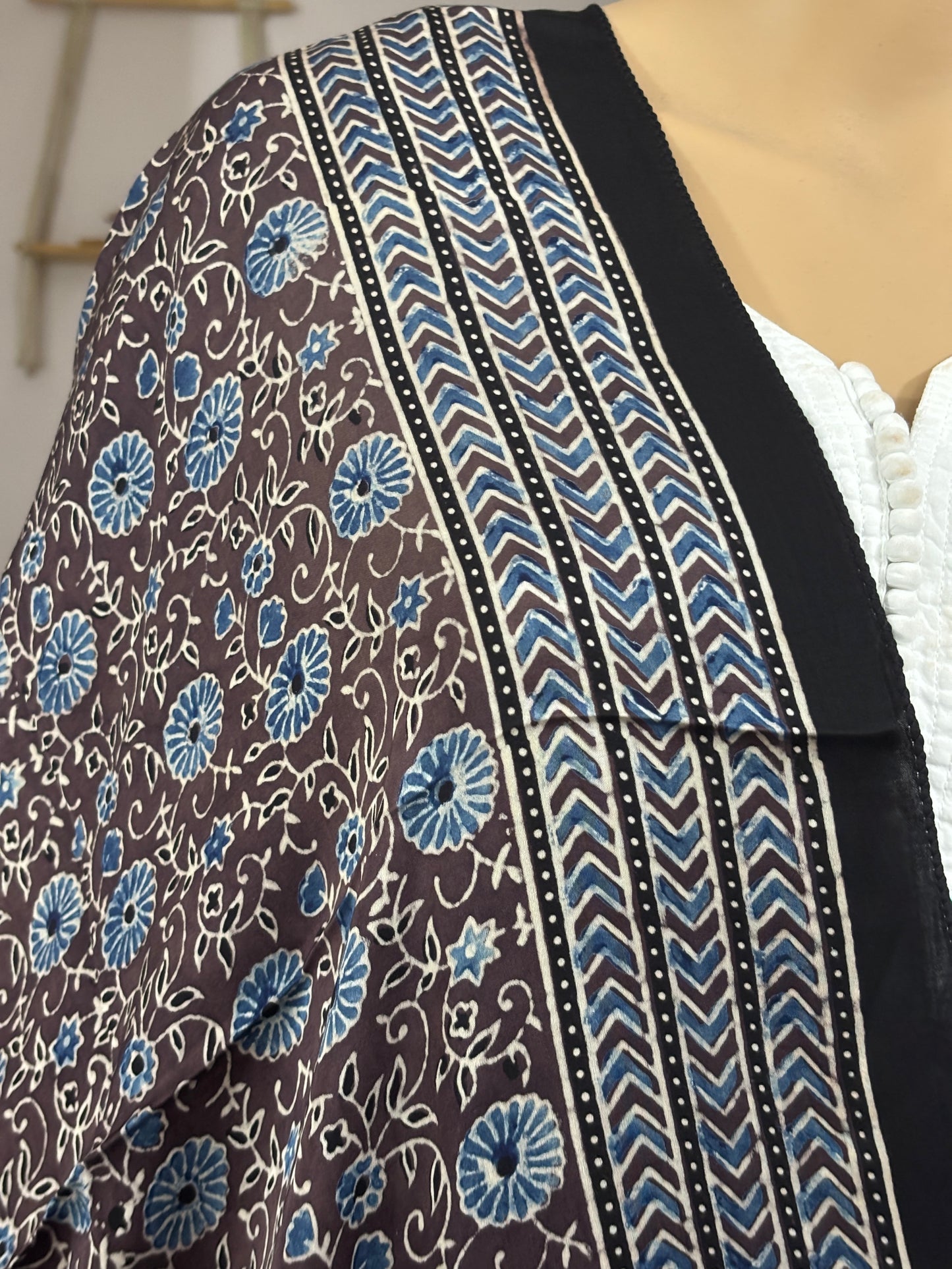 Earthen Brown and Indigo Natural Dyed Ajrakh Floral Bel Motif Modal Stole