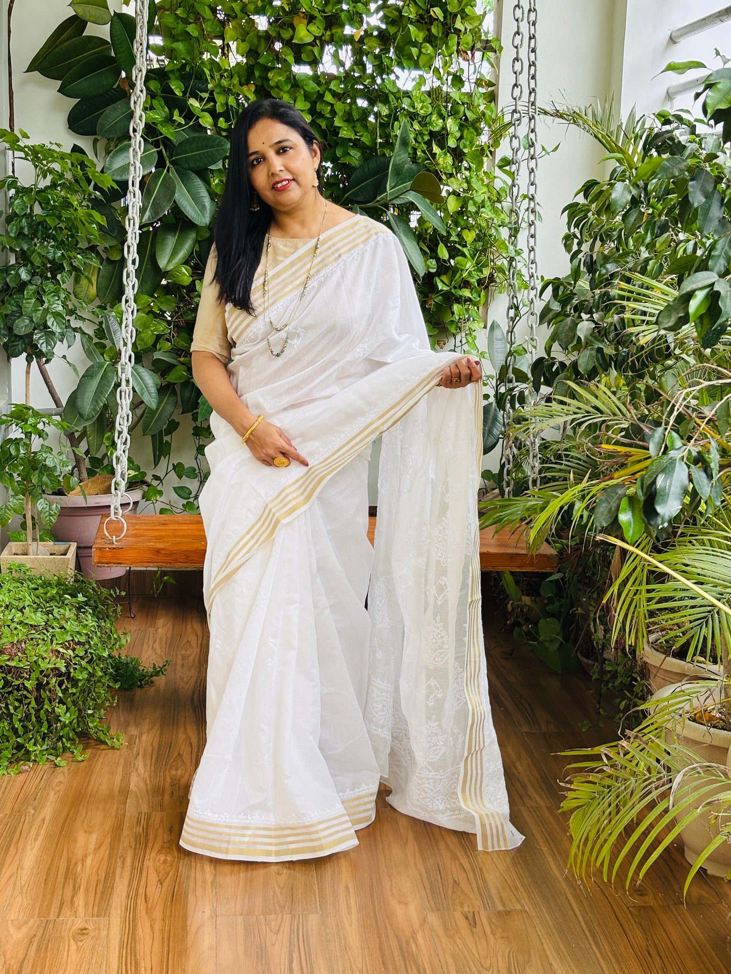 White Colour Candri Cotton Chikankari Hand Embroidered Saree