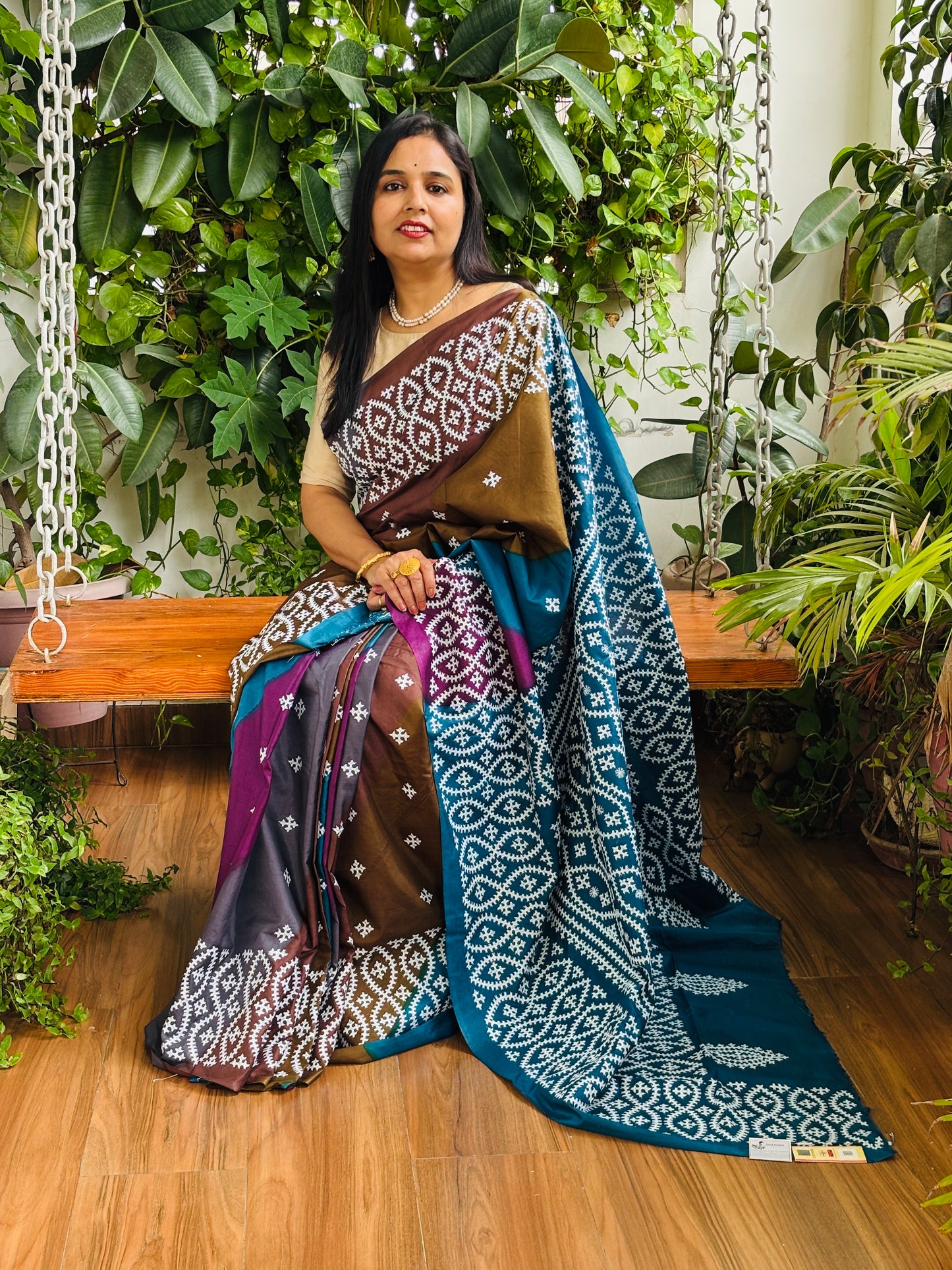 Gujarati Hand Embroidered Pure Bangalore Silk Saree in Multi Colour Tie and Dyed Body and Blue Palla
