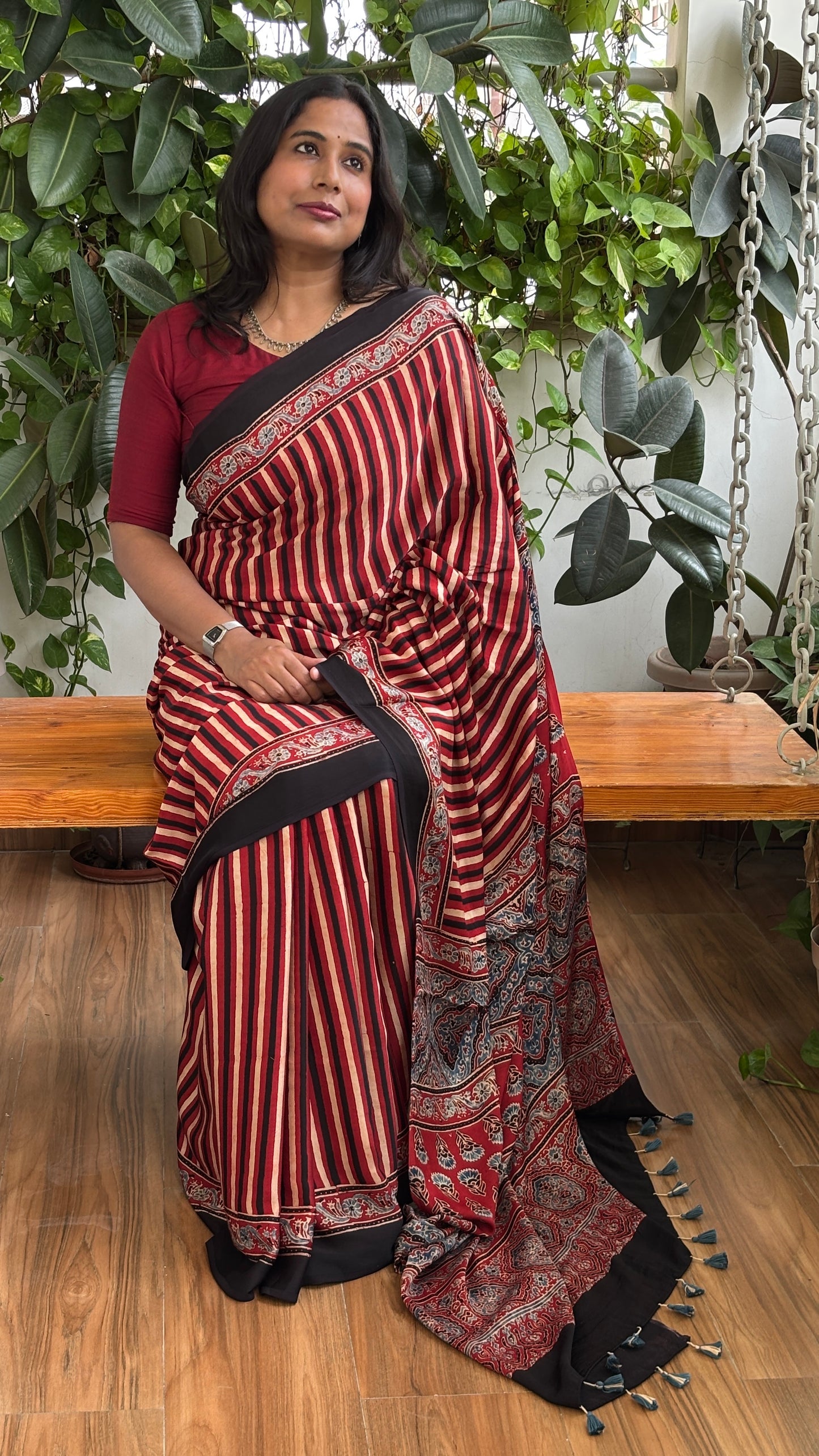 Bright and Beautiful- Natural Dyed Madder Contemporary Ajrakh Modal Saree with Traditional Anchal