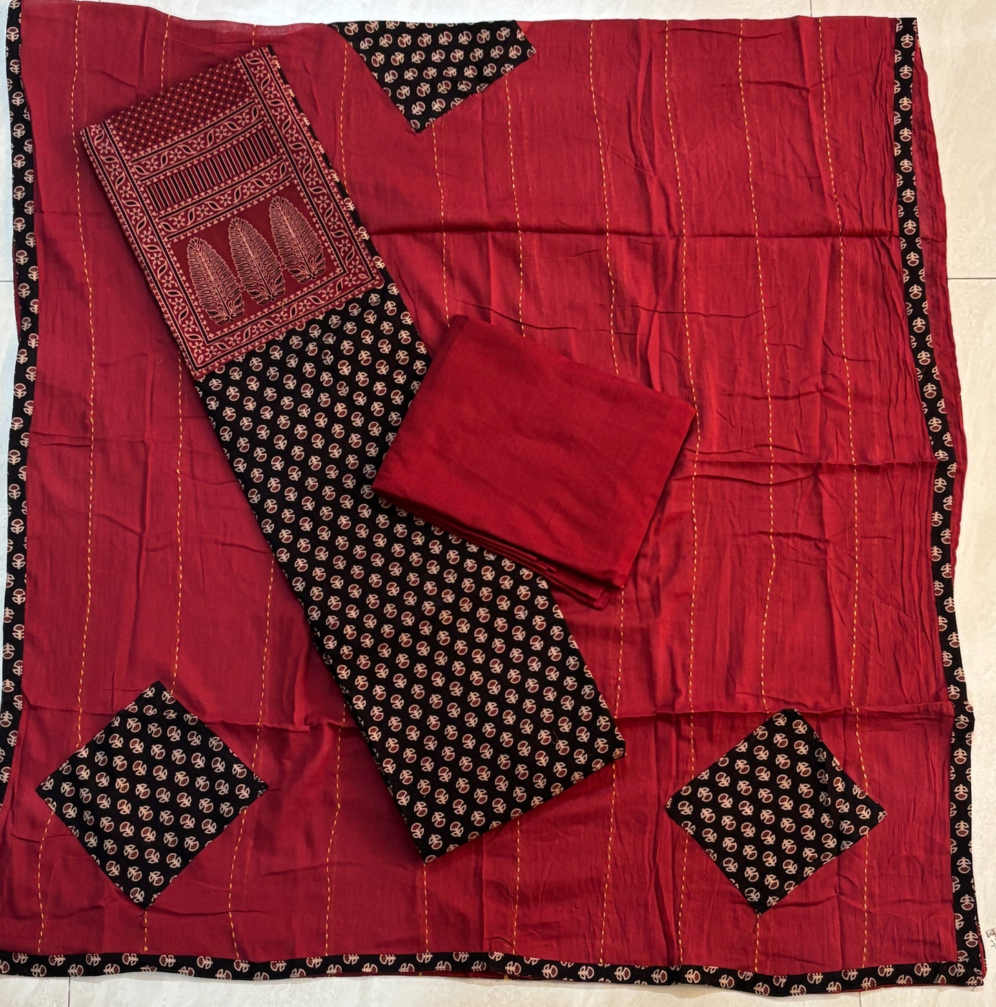 Black and Red Cotton Unstitched Patch Work Yoke Fabric with Kantha and Applique Dupatta-9
