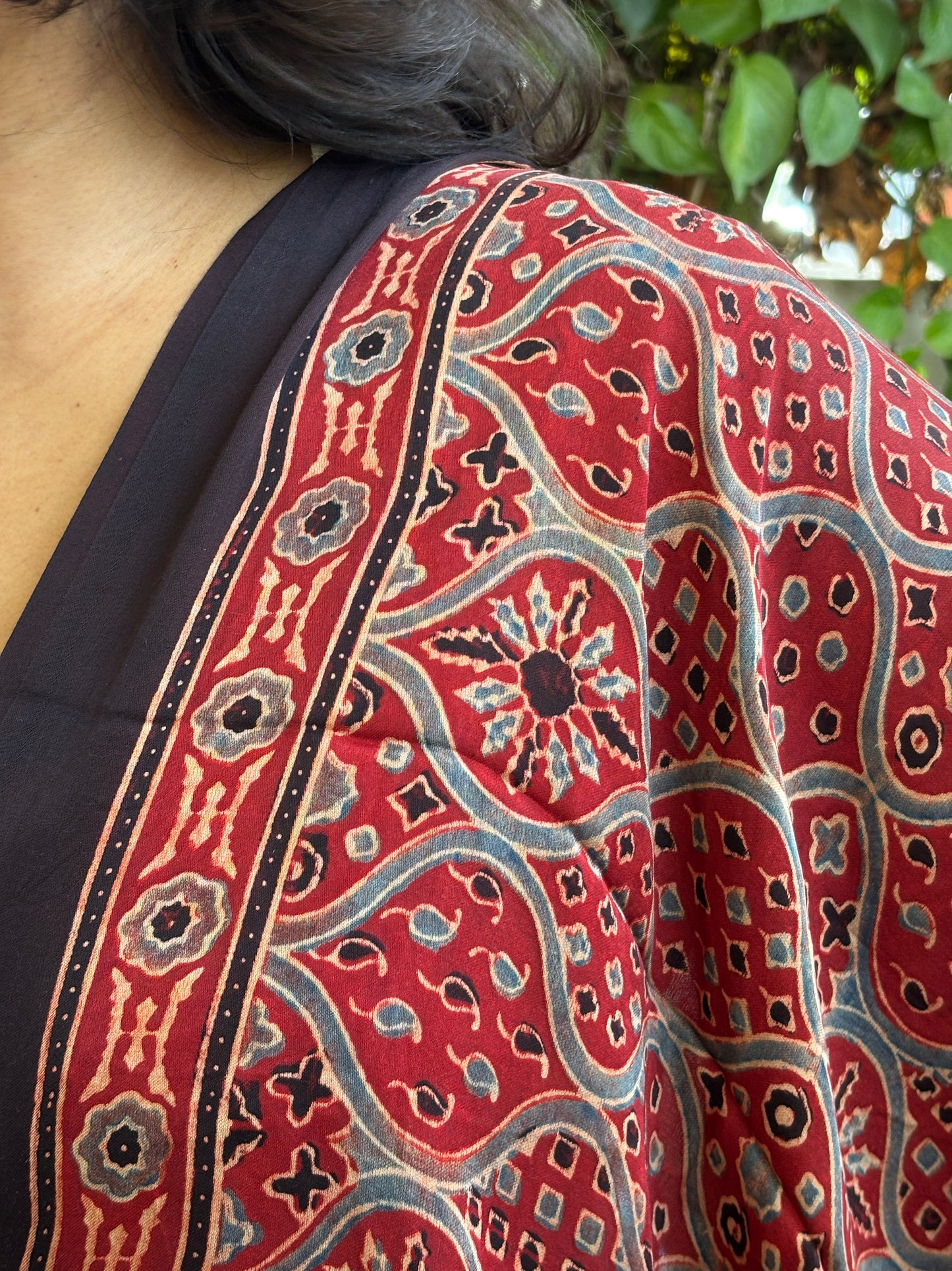Ajrakh Hand Block Printed Madder Colour Modified Badambuta Motif Dupatta
