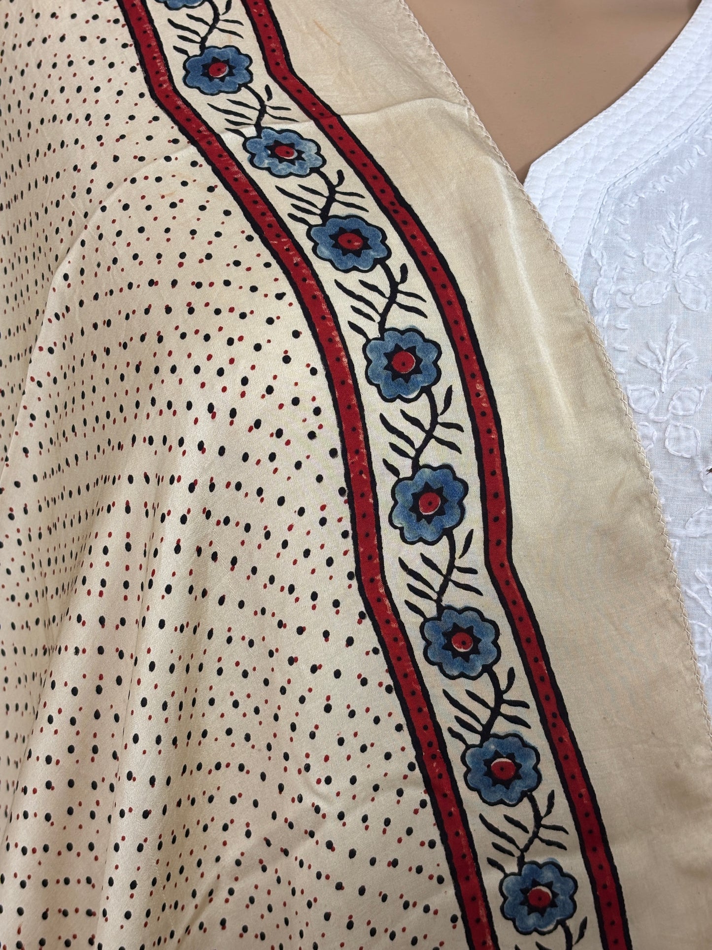 Pale Ivory Colour Natural Dyed Ajrakh Hand Block Printed Polka Dot Motif Modal Stole