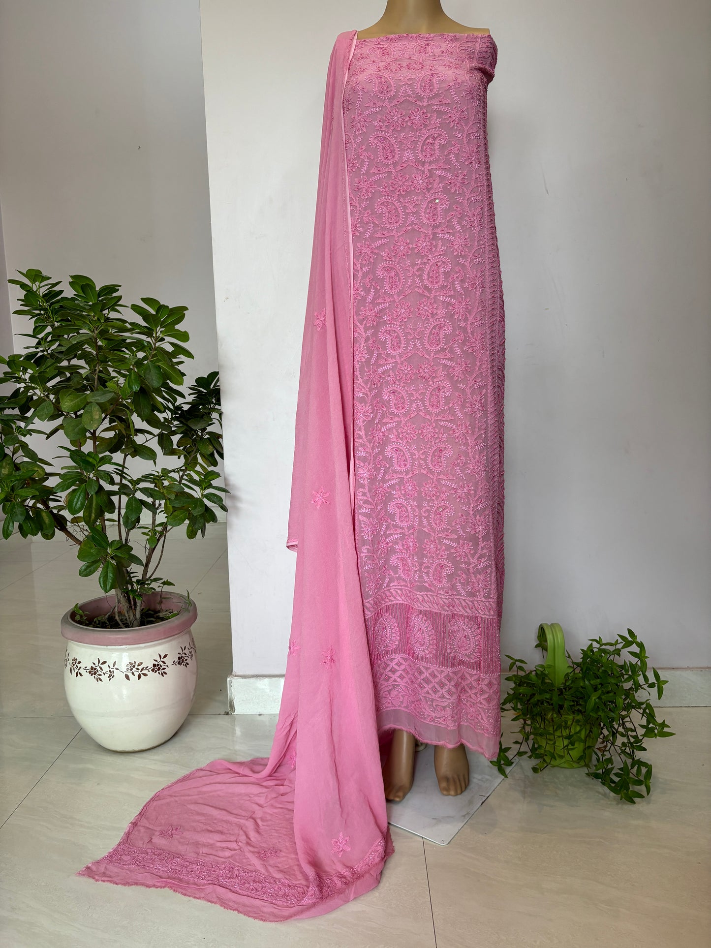 Pink Intricate Chikankari Hand Embroidered Shirt and Dupatta Fabric Adorned With Beads Work