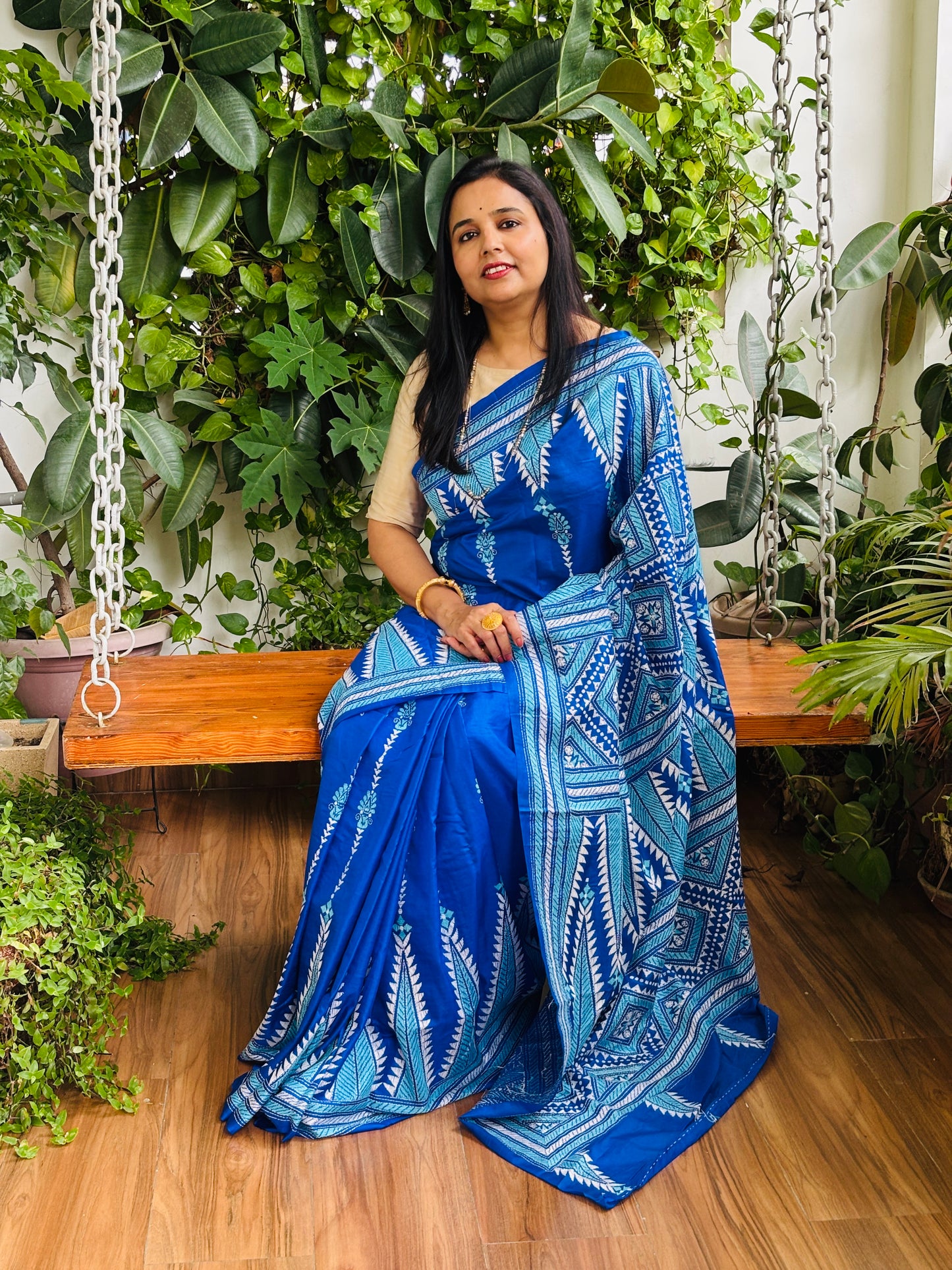 Kantha Hand Embroidered Pure Bangalore Silk Saree in Contemporary Style