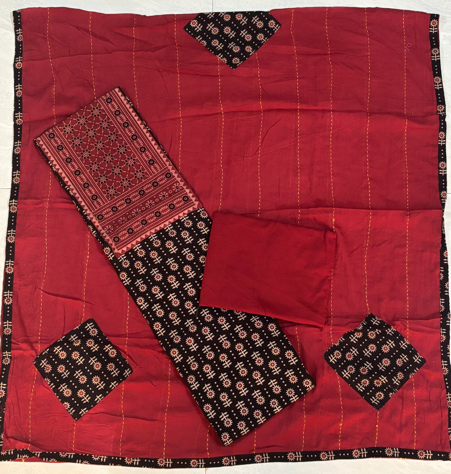 Black and Red Cotton Unstitched Patch Work Yoke Fabric with Kantha and Applique Dupatta-11