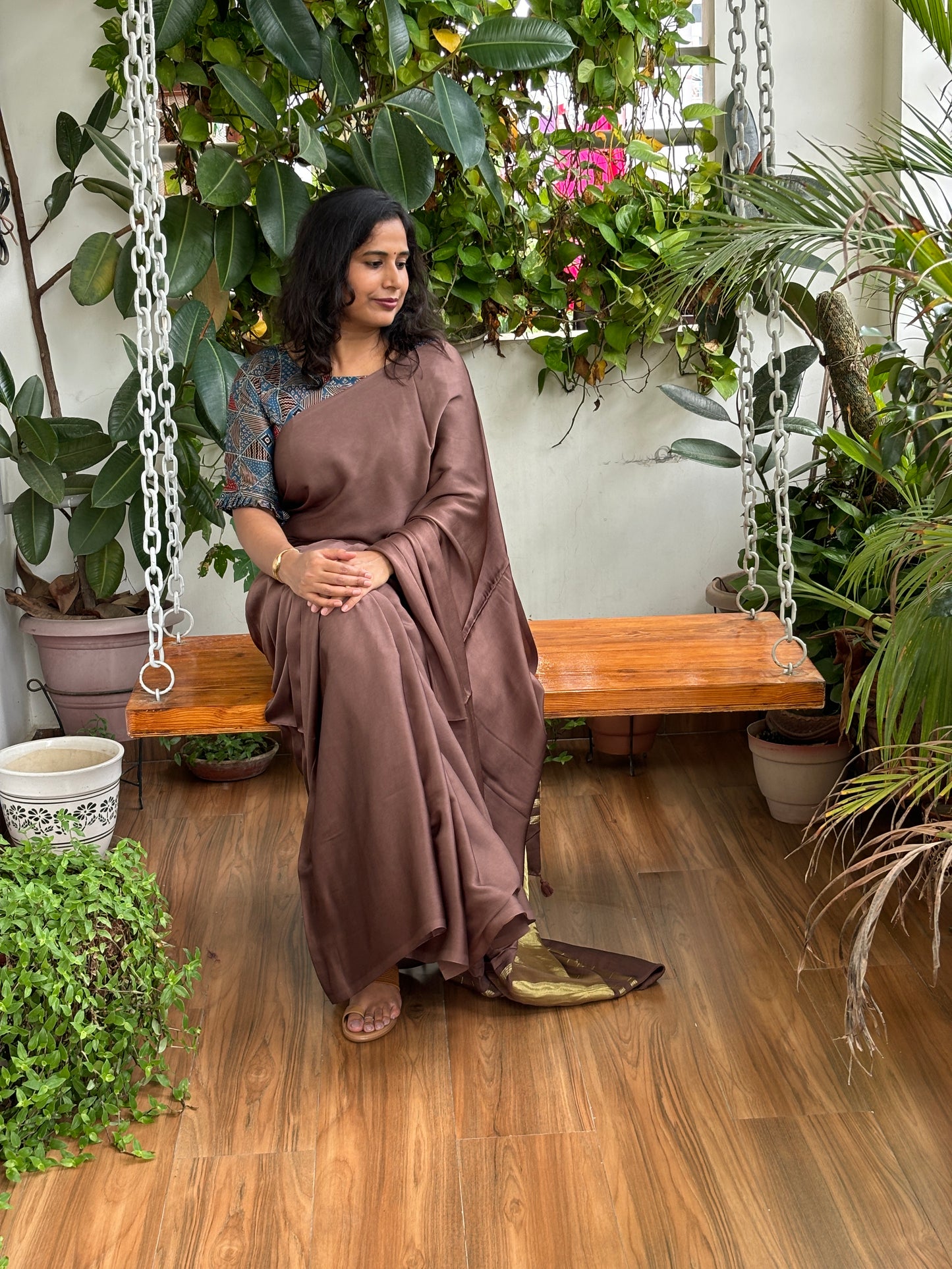 Dark Coffee Brown Colour Modal Plain Saree With Lagdi Palla