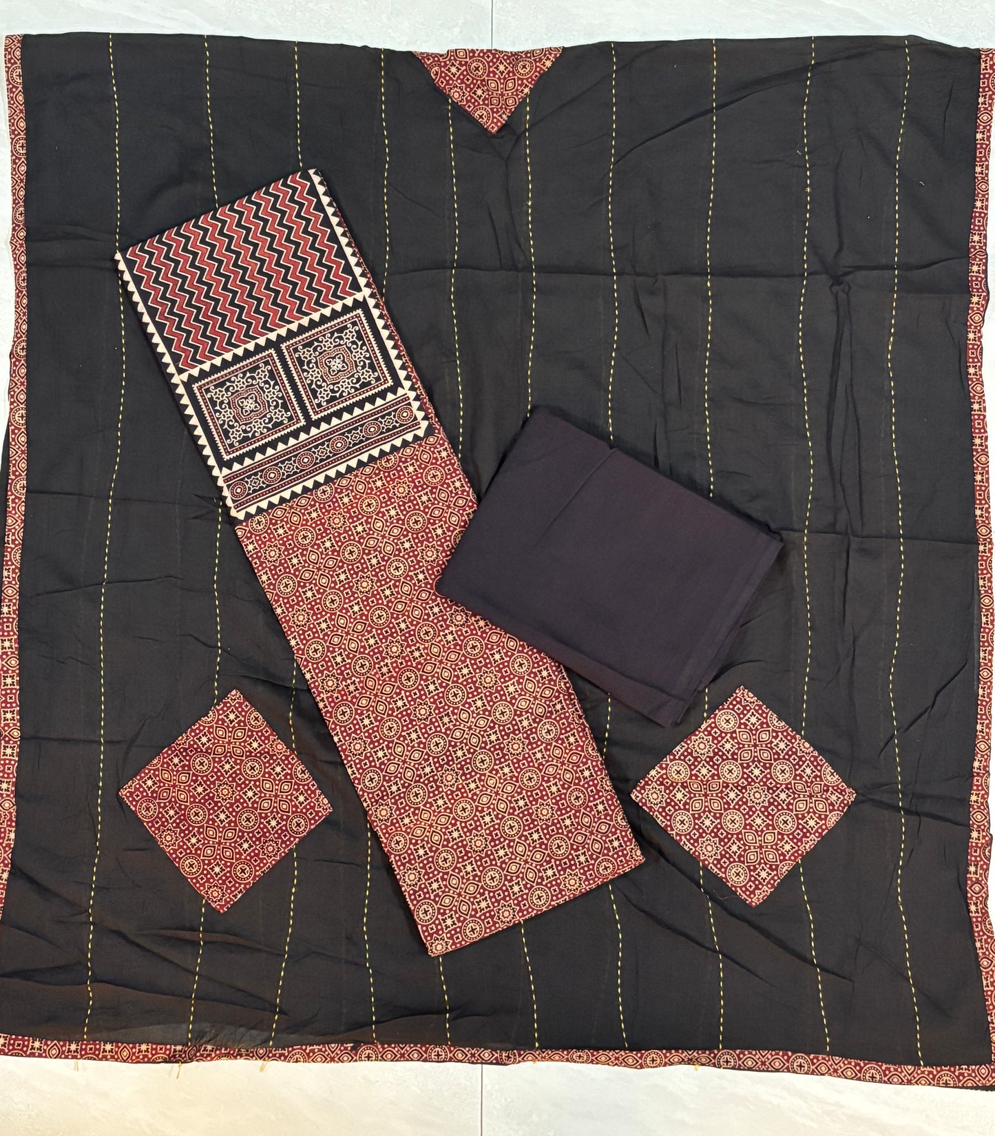Red and Black Geometrical Printted Cotton Unstitched Patch Work Yoke Fabric with Kantha and Applique Dupatta-1