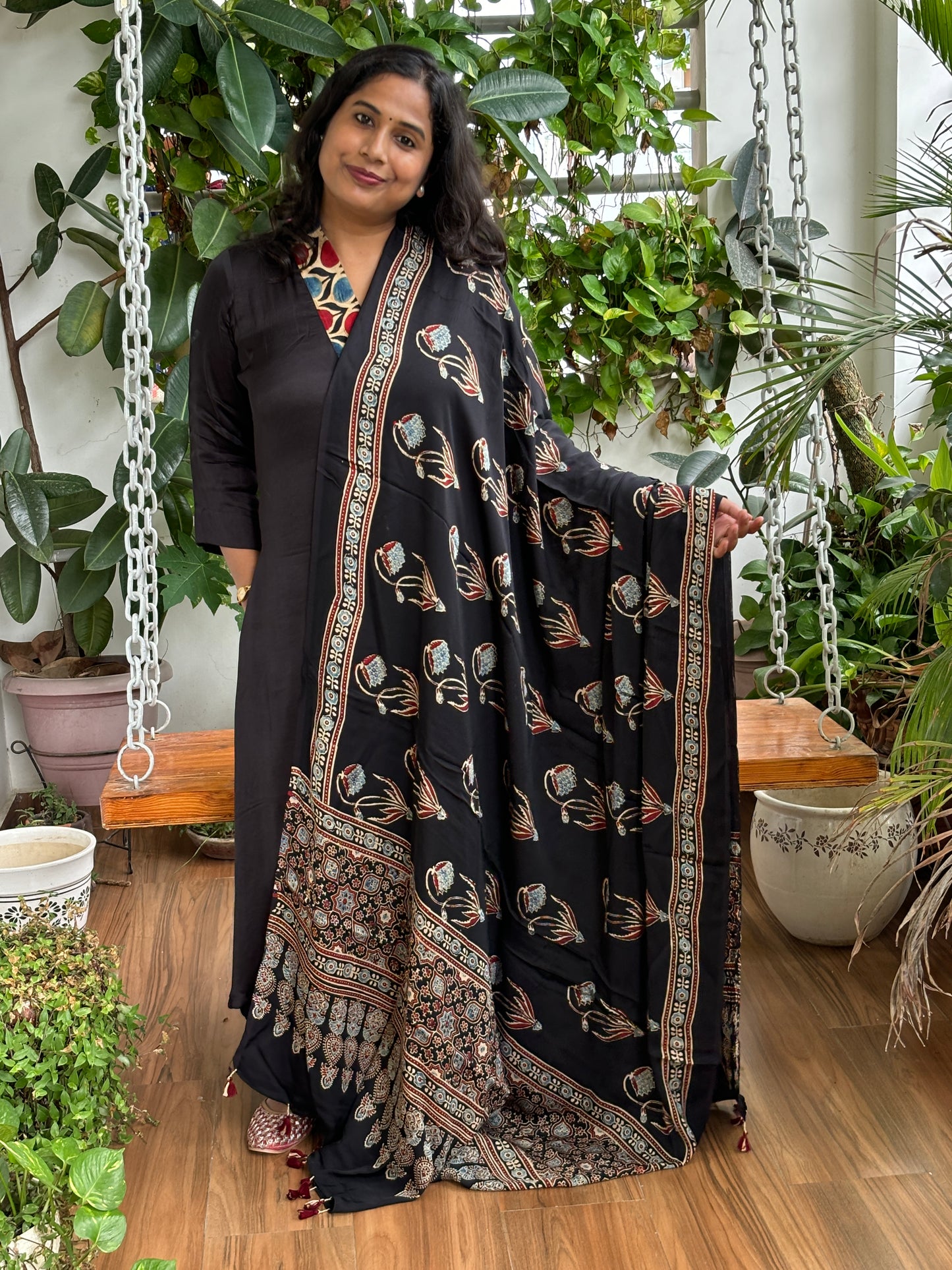 Ajrakh Modal Black Big Floral Stalk Contemporary Dupatta