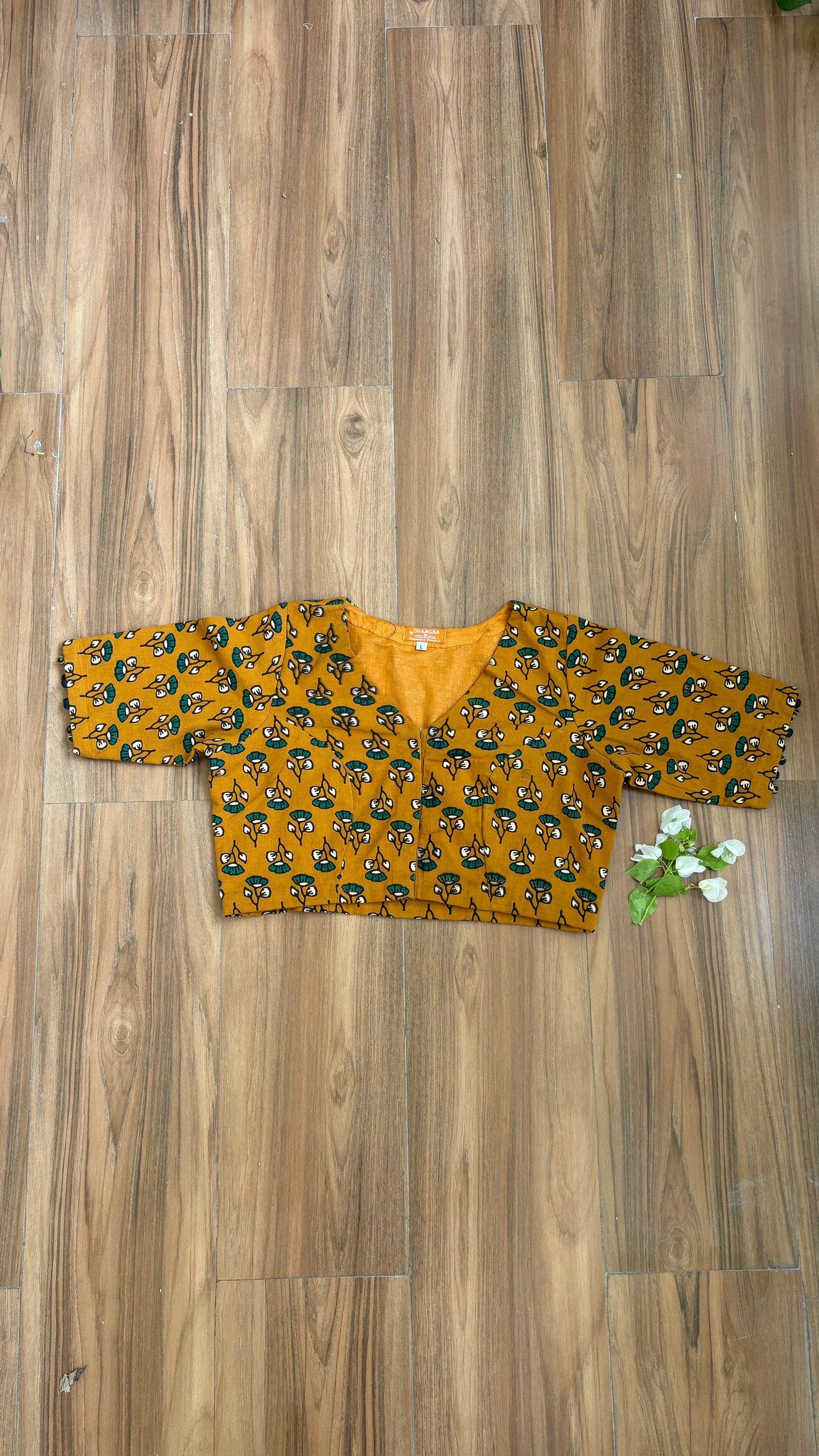 Yellow Small Floral Motif Cotton 'V' Neck Blouse With Cotton Lining. For size please refer to last picture