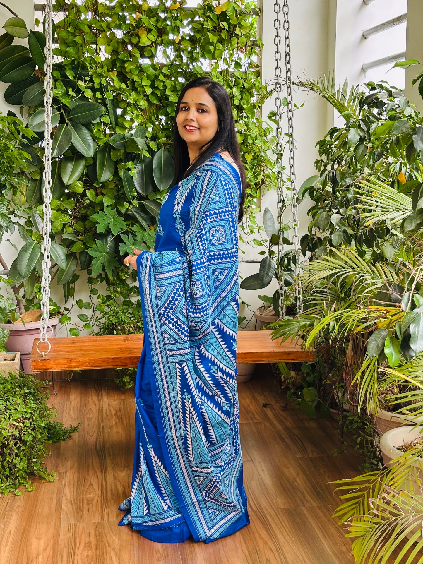 Kantha Hand Embroidered Pure Bangalore Silk Saree in Contemporary Style