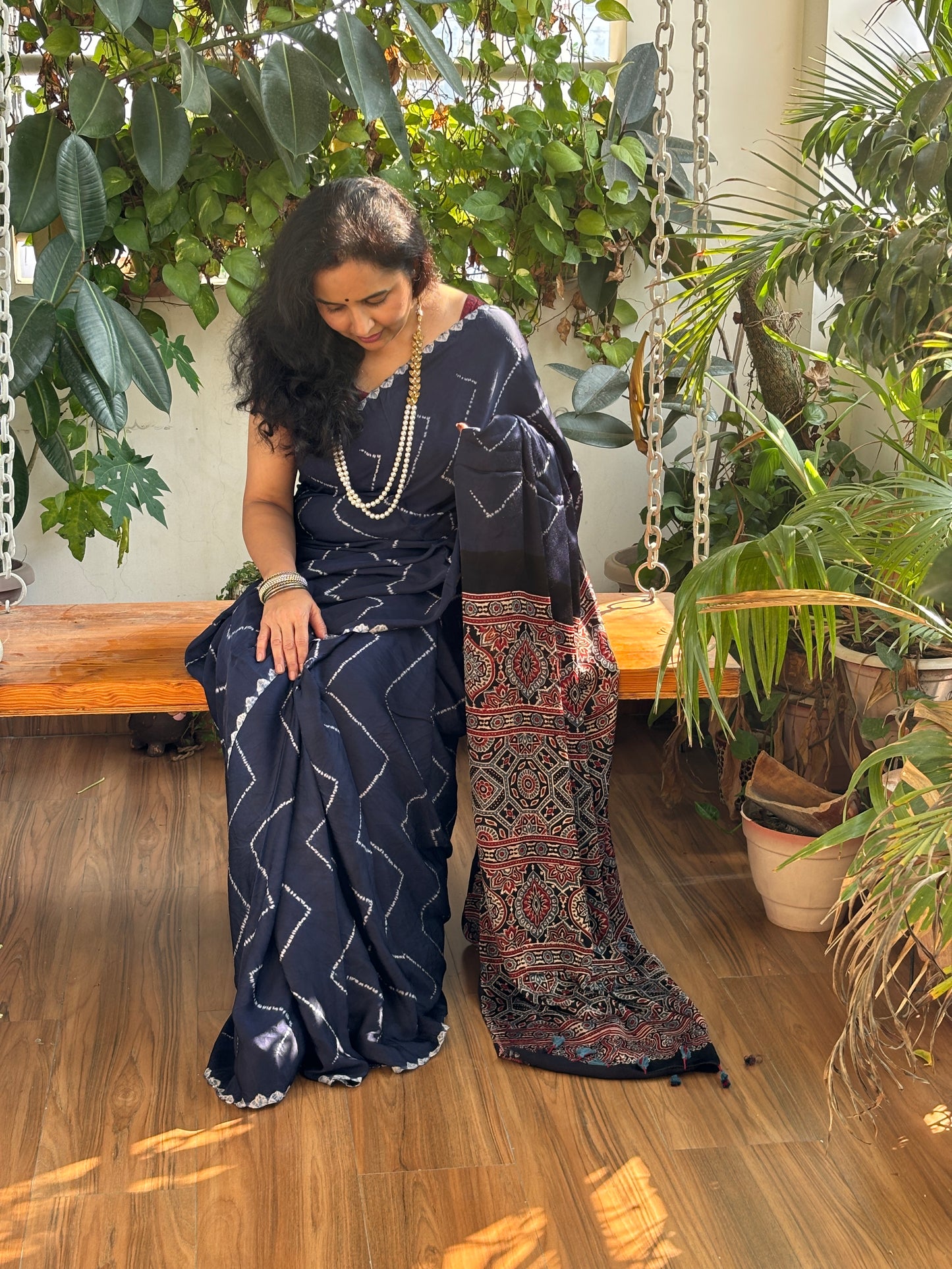 Navy Blue Love - Needle Shibori Tie and Dye Pure Modal Saree With Ajrakh Hand Block Anchal and Blouse