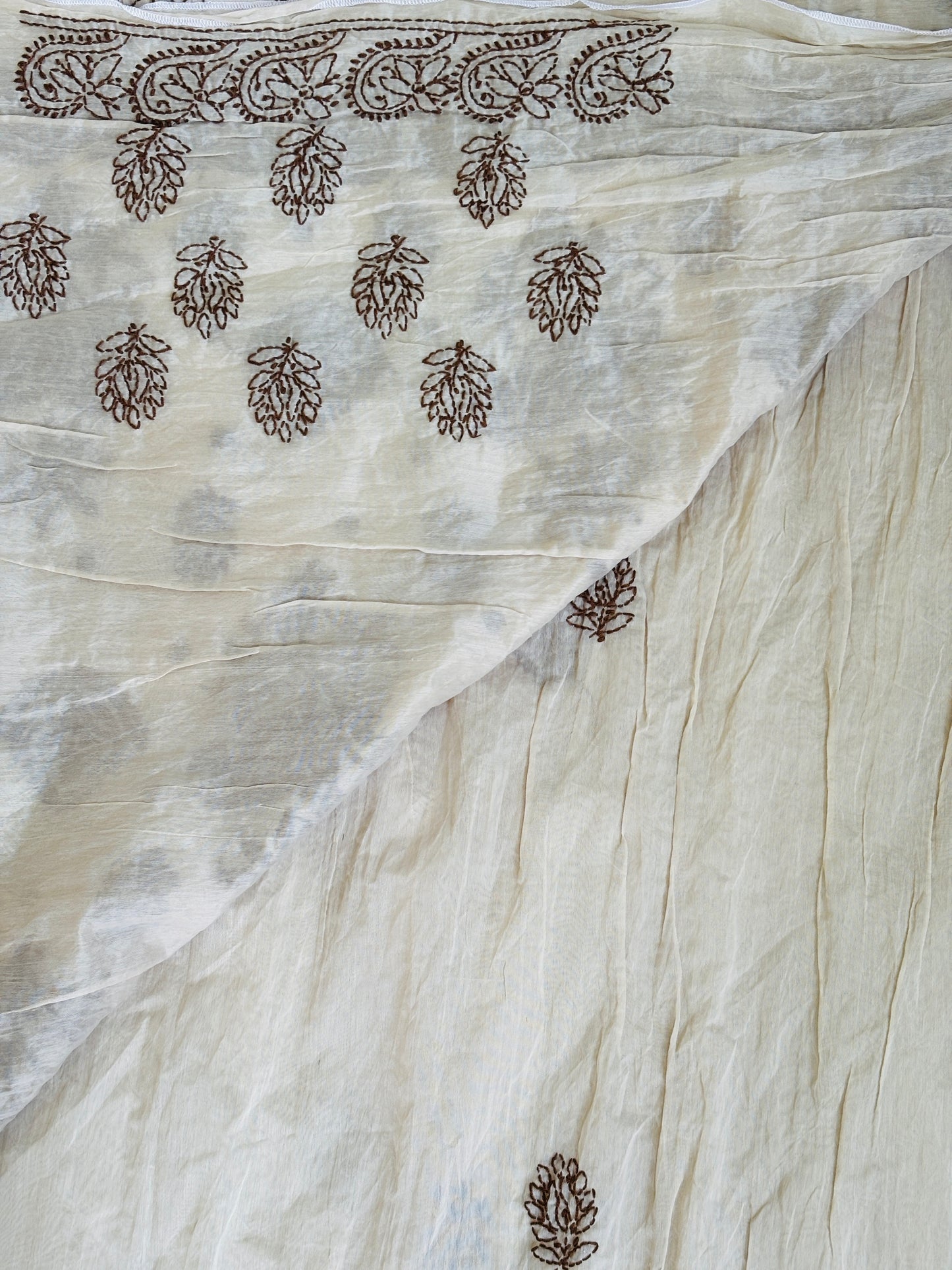 Pale Ivory Light Chrushed Candri Cotton Chikankari Hand Embroidered Saree