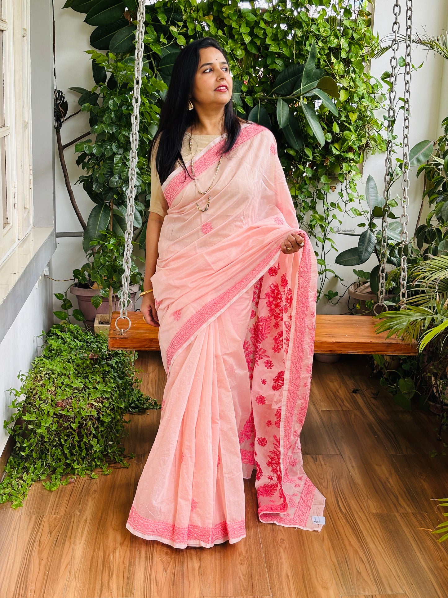 Pink Light Chrushed Candri Cotton Chikankari Hand Embroidered Saree